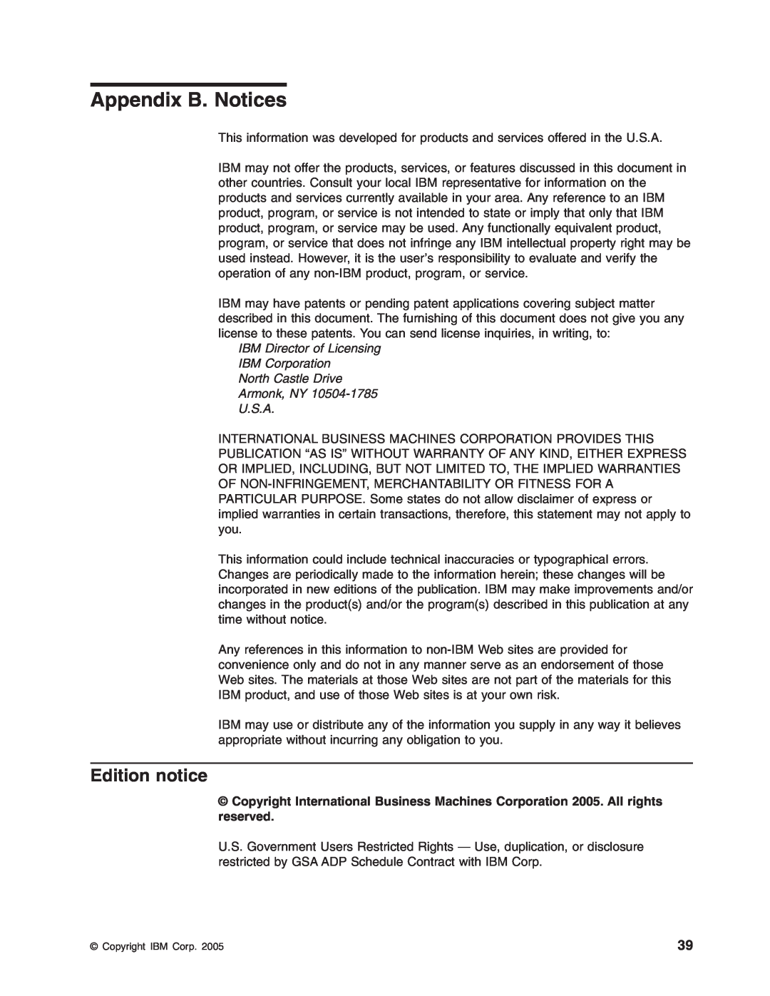 IBM 8840 manual Appendix B. Notices, Edition notice, IBM Director of Licensing IBM Corporation North Castle Drive 