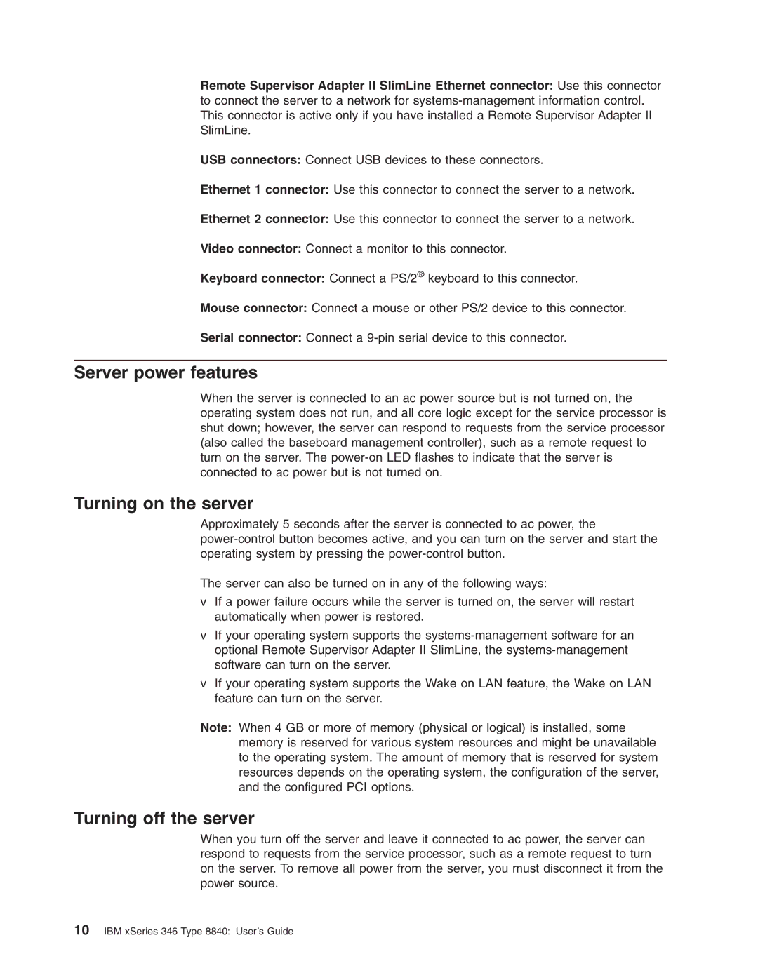 IBM 8840 manual Server power features, Turning on the server, Turning off the server 