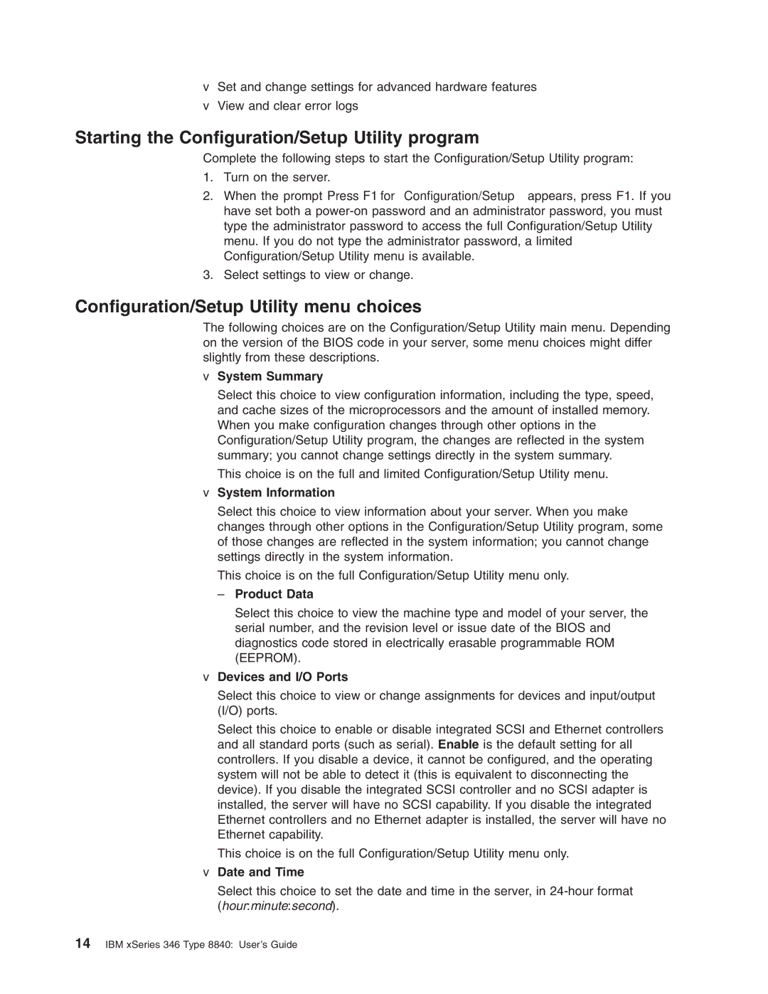 IBM 8840 manual Starting the Configuration/Setup Utility program, Configuration/Setup Utility menu choices 