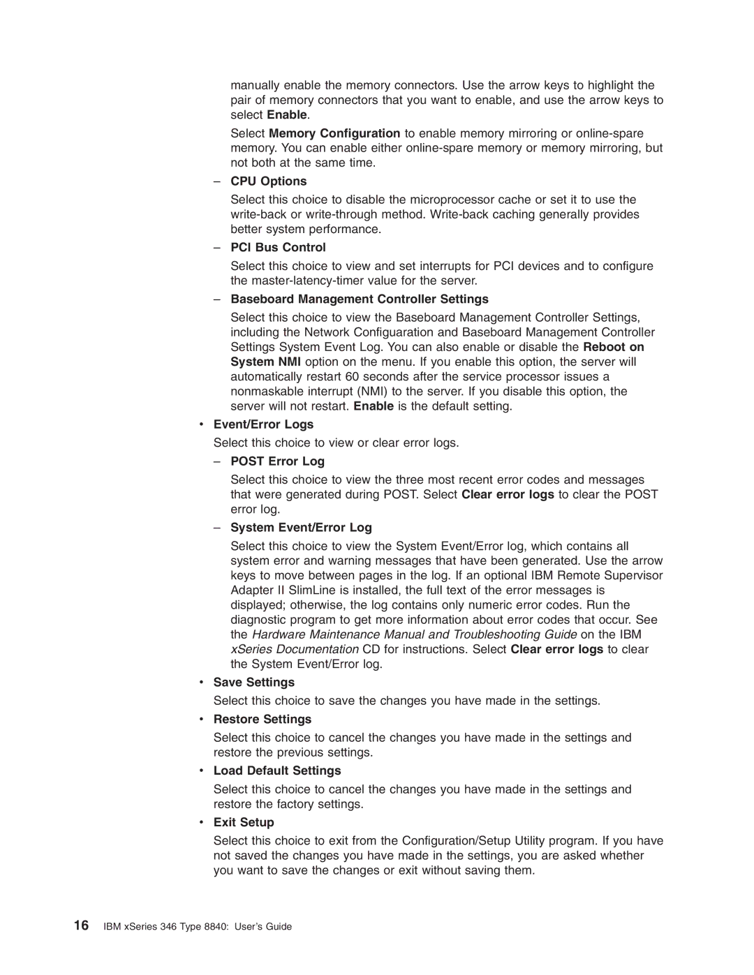 IBM 8840 manual CPU Options, PCI Bus Control, Baseboard Management Controller Settings, Event/Error Logs, Post Error Log 