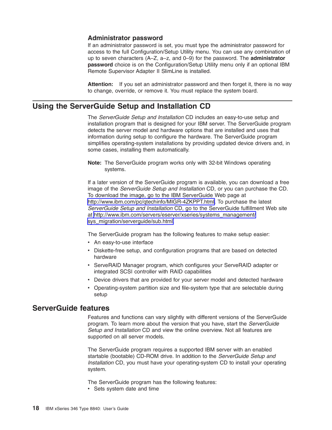 IBM 8840 manual Using the ServerGuide Setup and Installation CD, ServerGuide features, Administrator password 