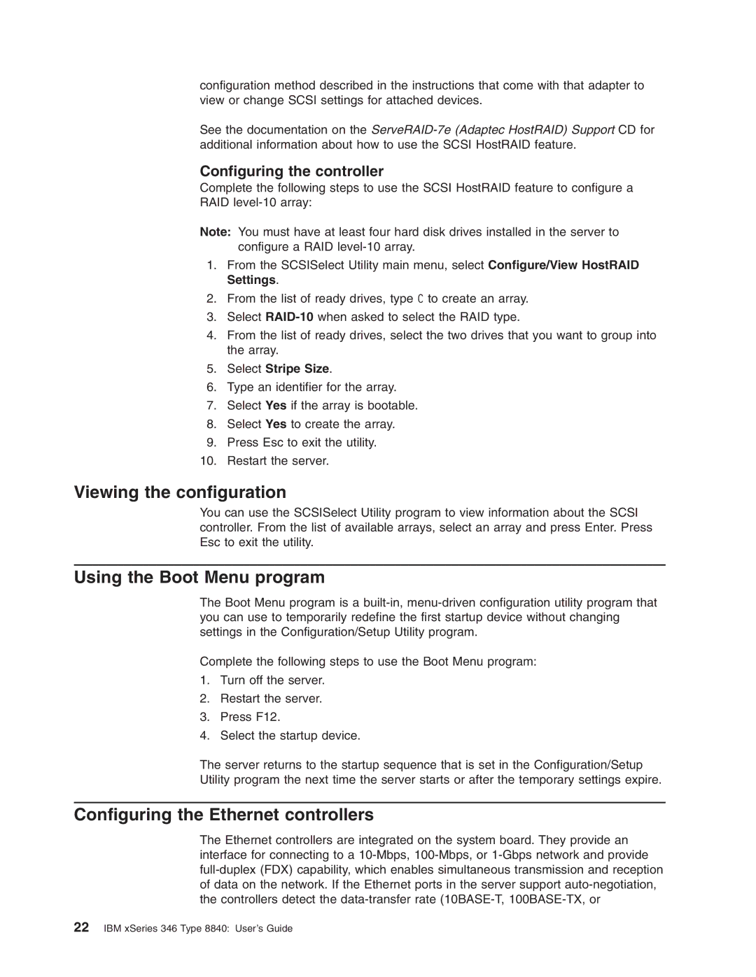 IBM 8840 manual Viewing the configuration, Using the Boot Menu program, Configuring the Ethernet controllers 