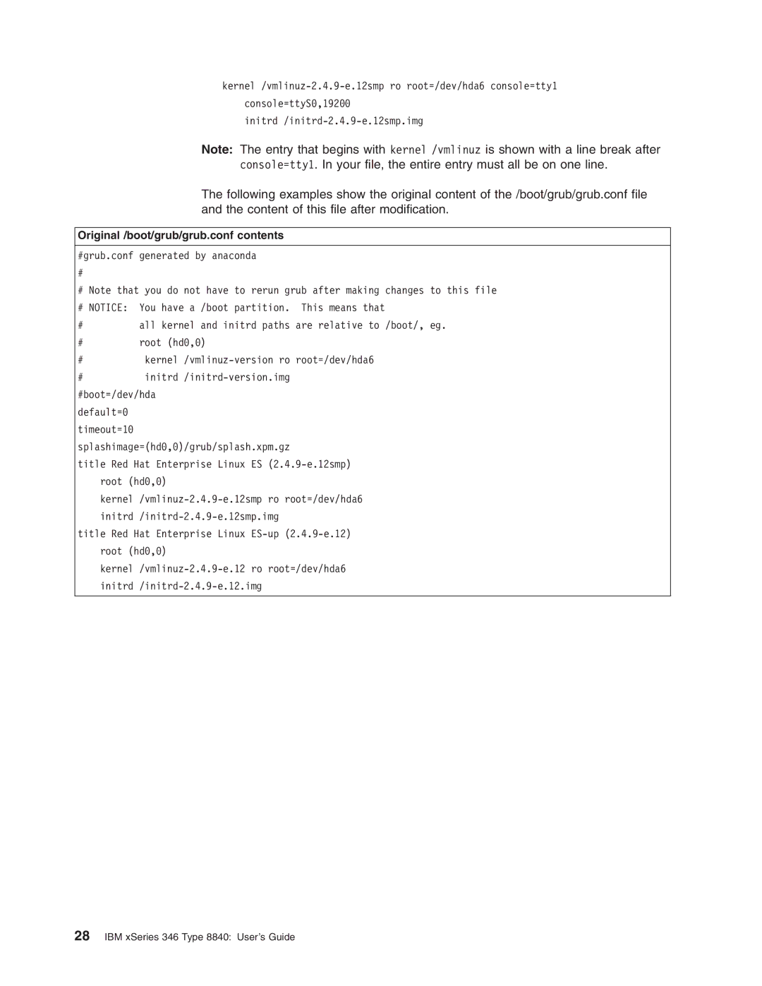 IBM 8840 manual Original /boot/grub/grub.conf contents 