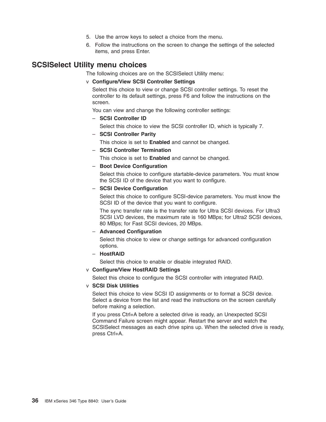 IBM 8840 manual SCSISelect Utility menu choices 