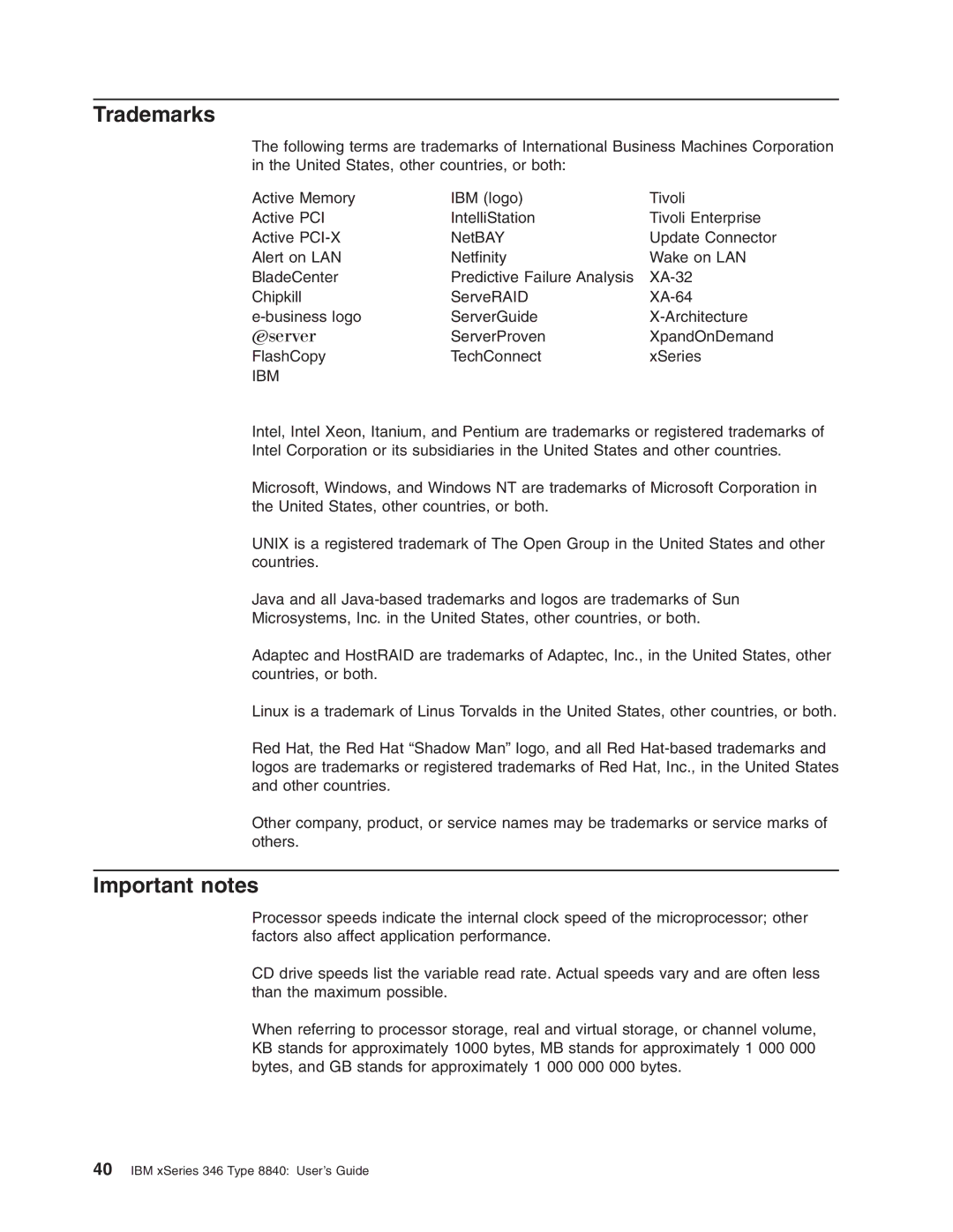 IBM 8840 manual Trademarks, Important notes 