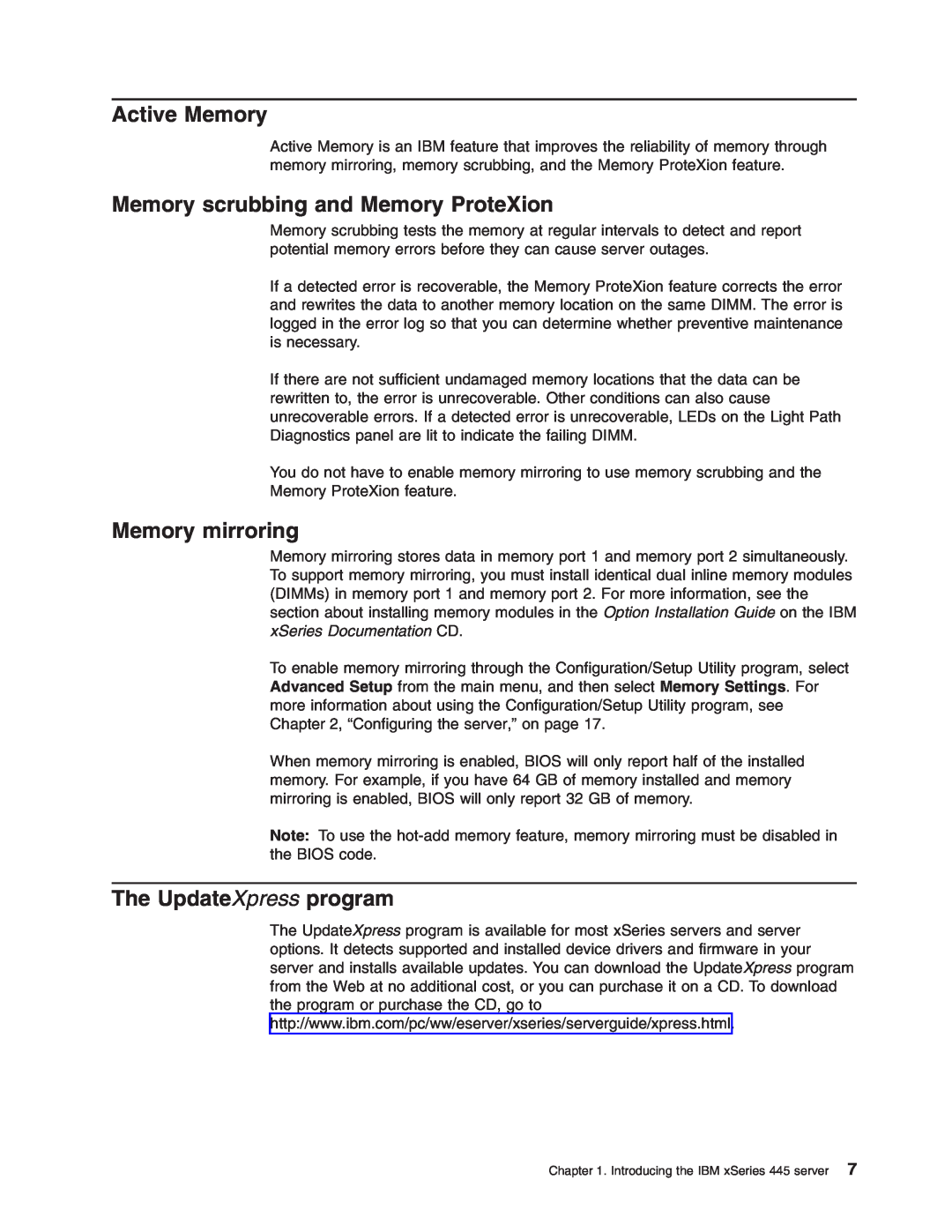 IBM 8870 manual Active Memory, Memory scrubbing and Memory ProteXion, Memory mirroring, The UpdateXpress program 