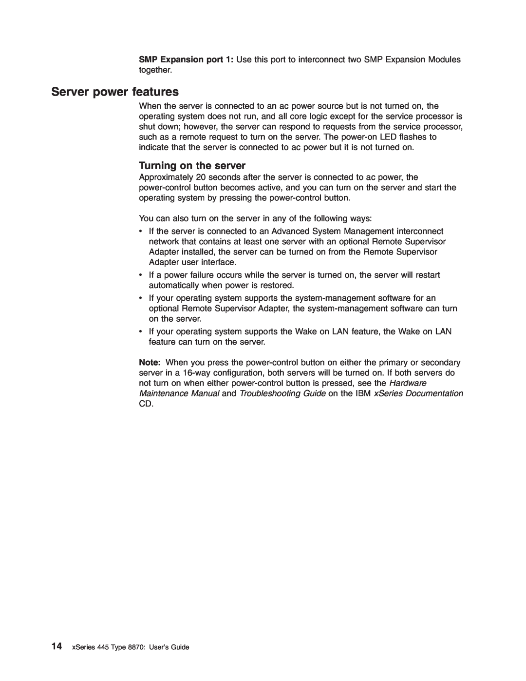 IBM 8870 manual Server power features, Turning on the server 