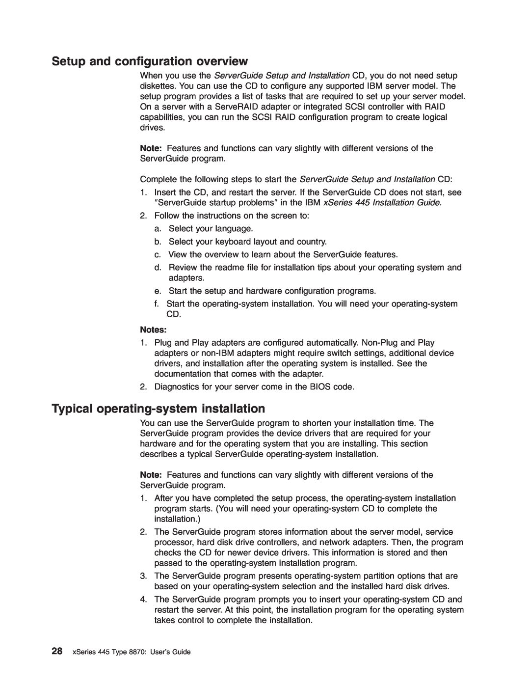 IBM manual Setup and configuration overview, Typical operating-system installation, xSeries 445 Type 8870 User’s Guide 