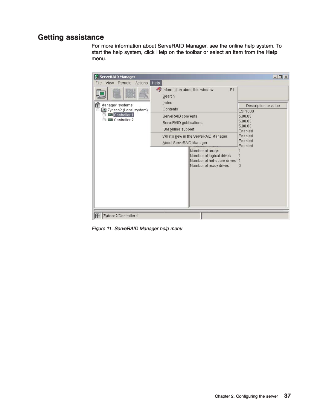 IBM 8870 manual Getting assistance, ServeRAID Manager help menu 
