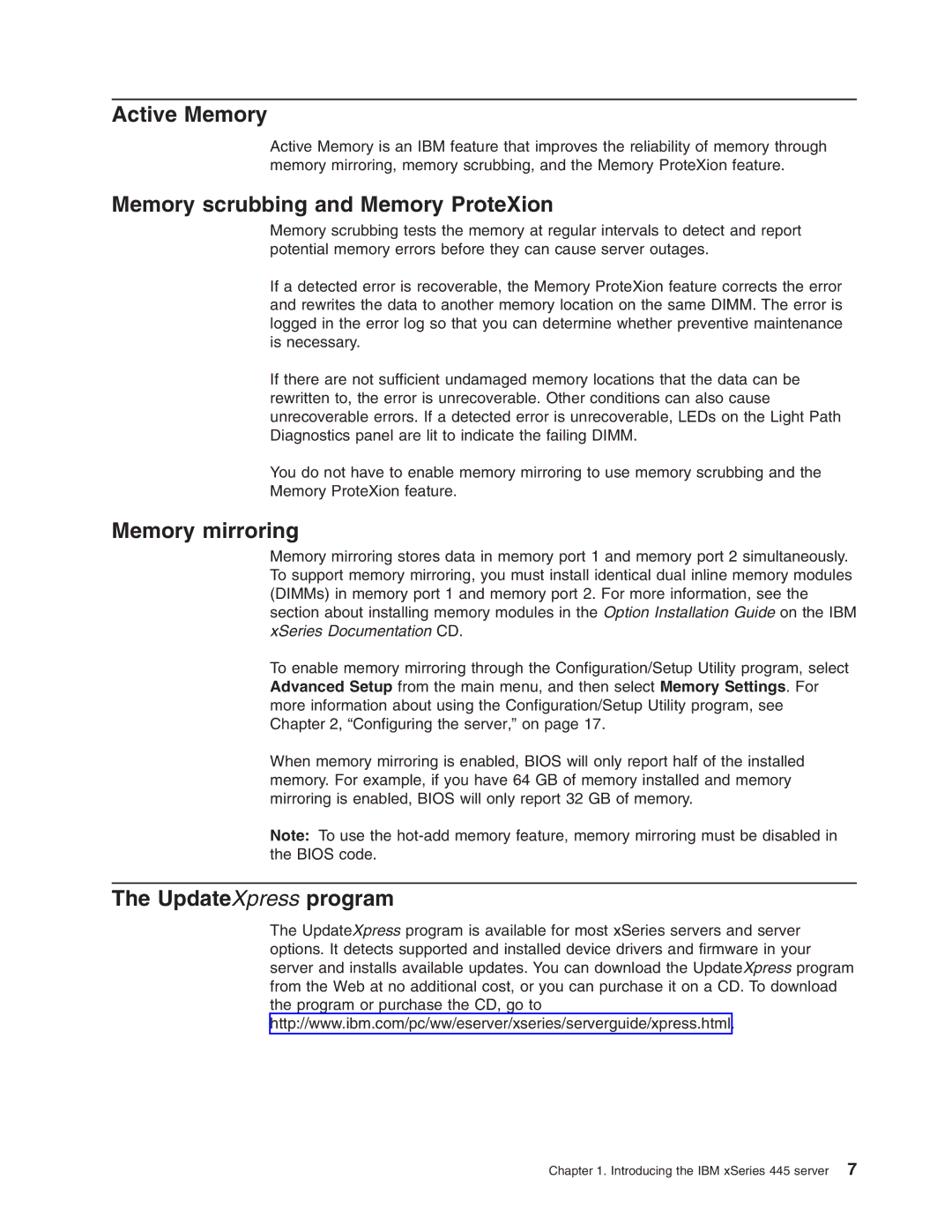 IBM 8870 manual Active Memory, Memory scrubbing and Memory ProteXion, Memory mirroring, UpdateXpress program 