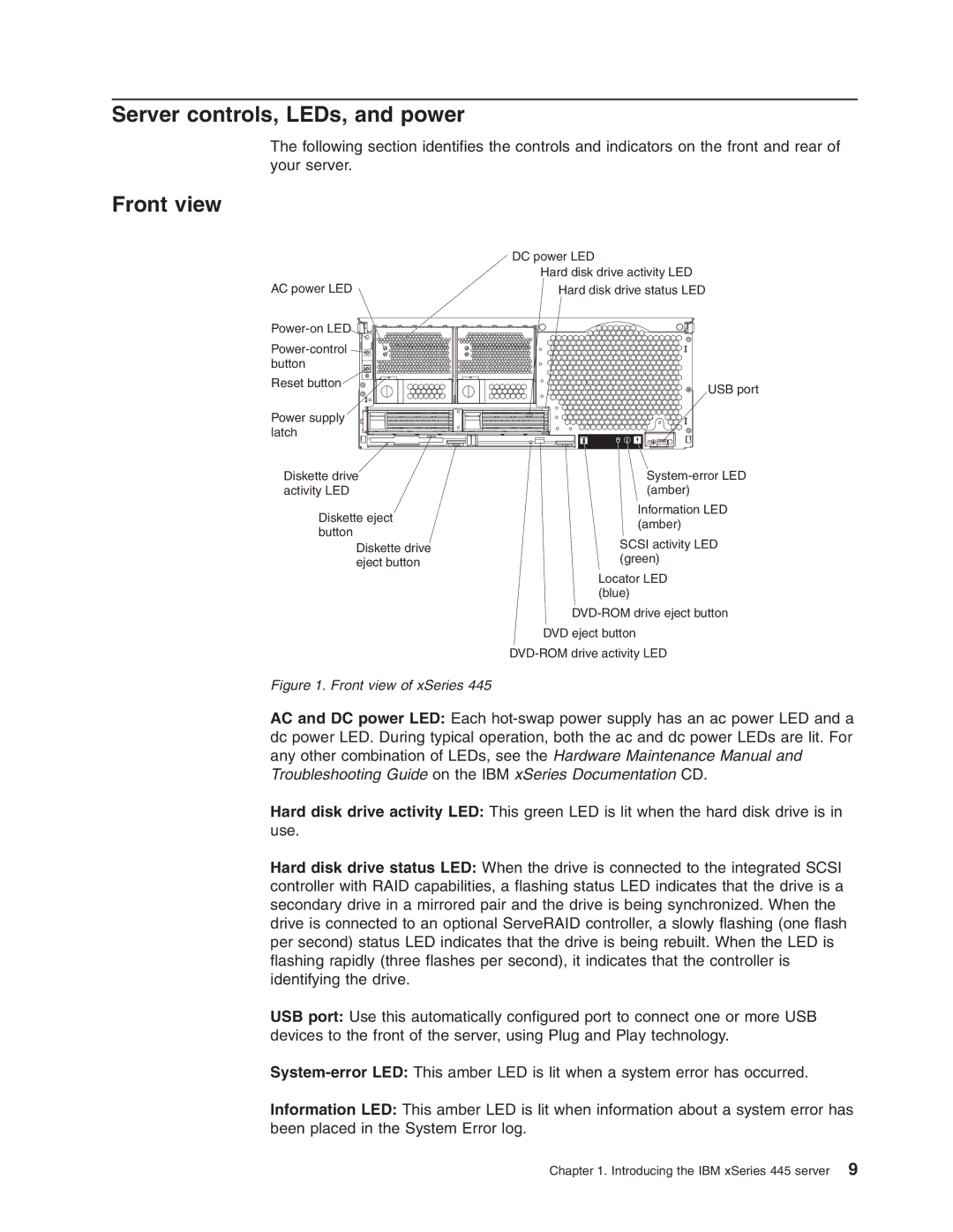 IBM 8870 manual Server controls, LEDs, and power, Front view 