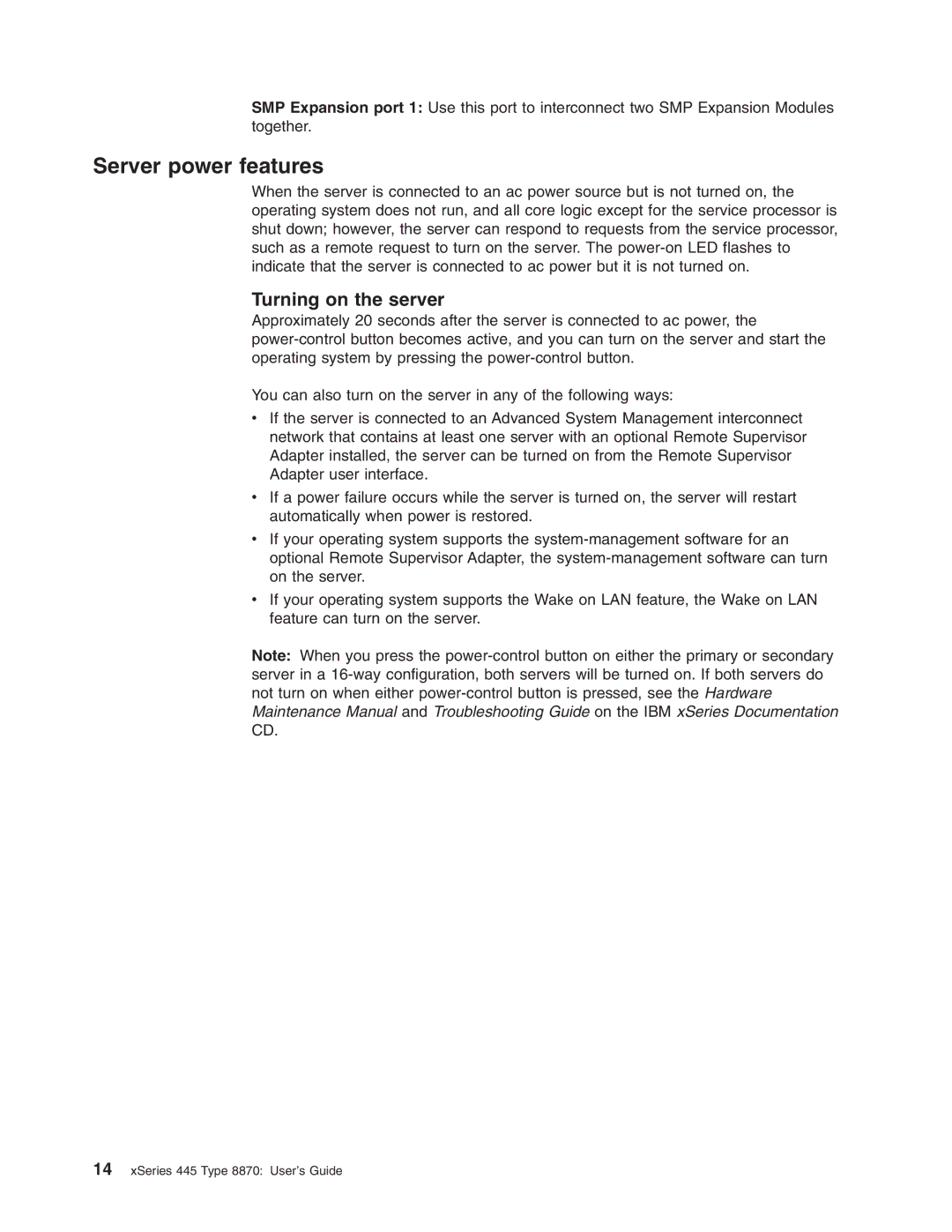 IBM 8870 manual Server power features, Turning on the server 