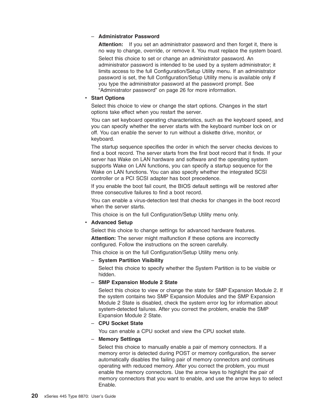 IBM 8870 Administrator Password, Start Options, Advanced Setup, System Partition Visibility, SMP Expansion Module 2 State 