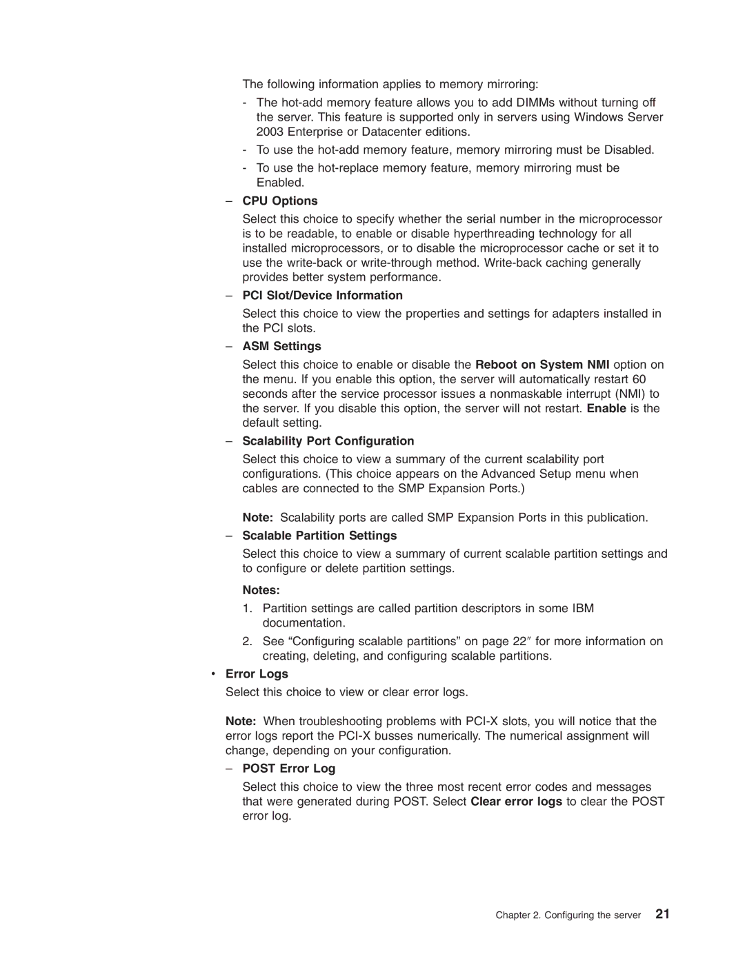 IBM 8870 manual CPU Options, PCI Slot/Device Information, ASM Settings, Scalability Port Configuration, Error Logs 