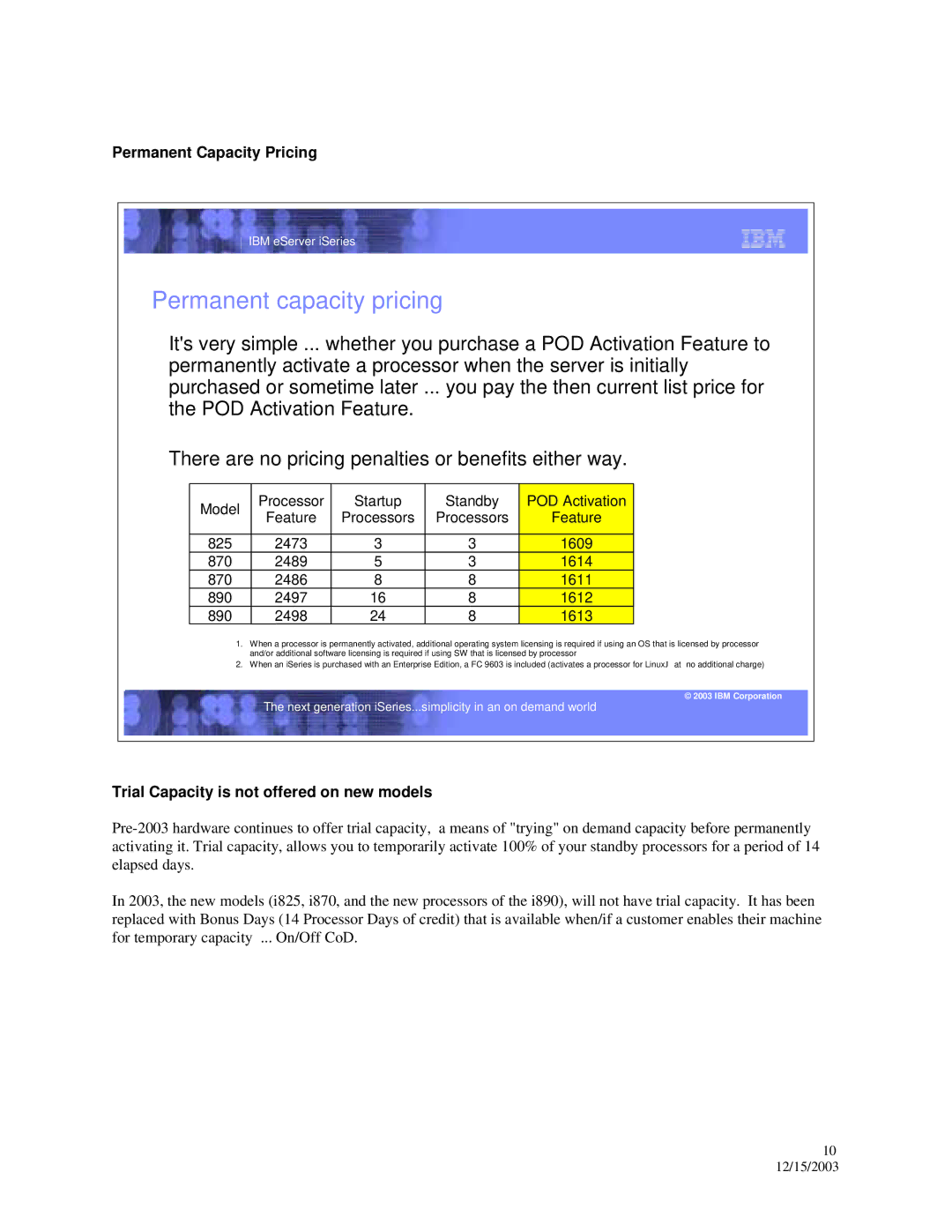 IBM 870, 890, 835 manual Permanent Capacity Pricing, Trial Capacity is not offered on new models 