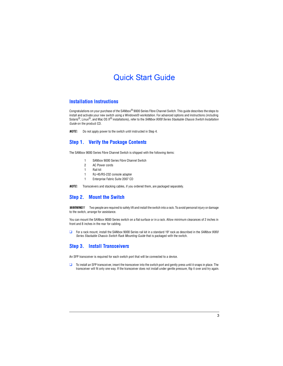 IBM 9000s quick start Installation Instructions, Verify the Package Contents, Mount the Switch, Install Transceivers 