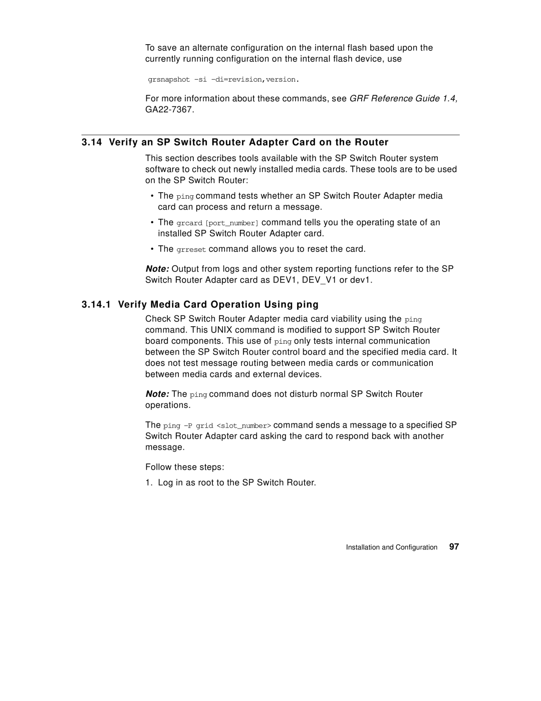 IBM 9077 manual Verify an SP Switch Router Adapter Card on the Router, Verify Media Card Operation Using ping 