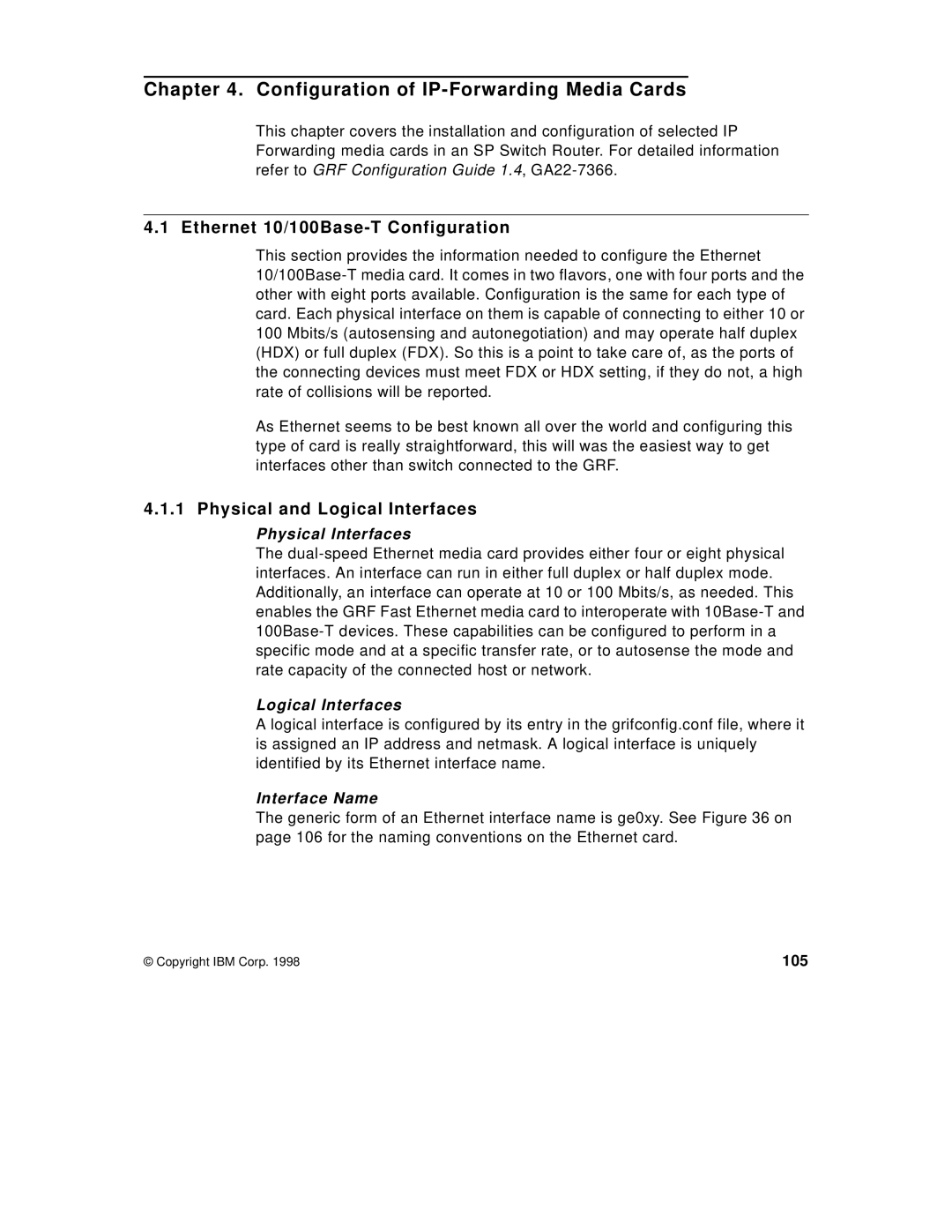 IBM 9077 Configuration of IP-Forwarding Media Cards, Ethernet 10/100Base-T Configuration, Physical and Logical Interfaces 