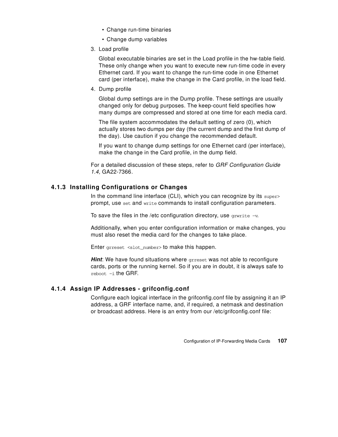 IBM 9077 manual Installing Configurations or Changes, Assign IP Addresses grifconfig.conf, 107 