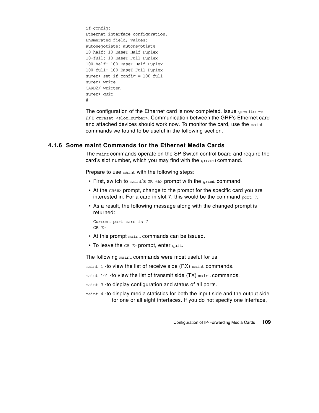 IBM 9077 manual Some maint Commands for the Ethernet Media Cards, 109 