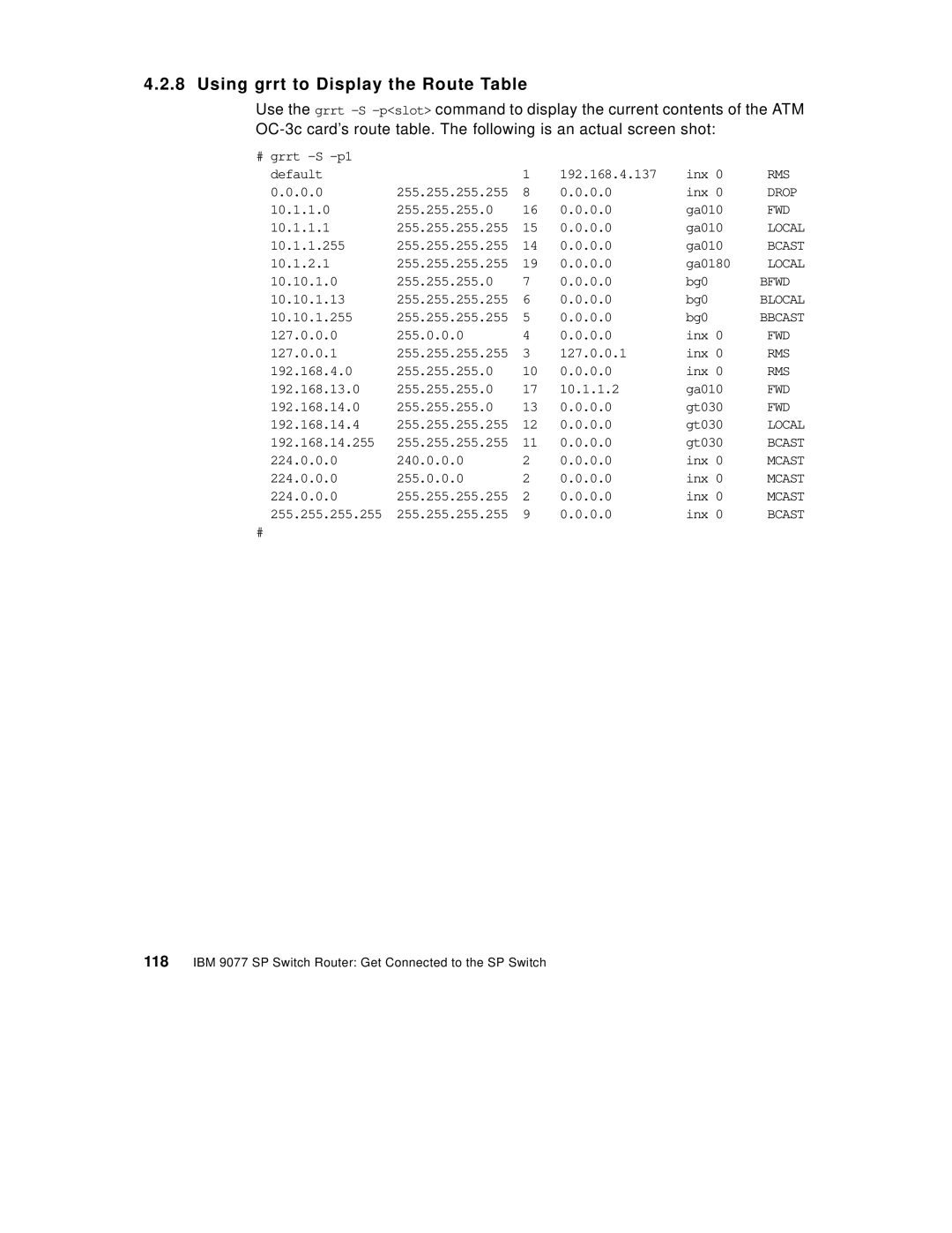 IBM 9077 manual Using grrt to Display the Route Table, Fwd 