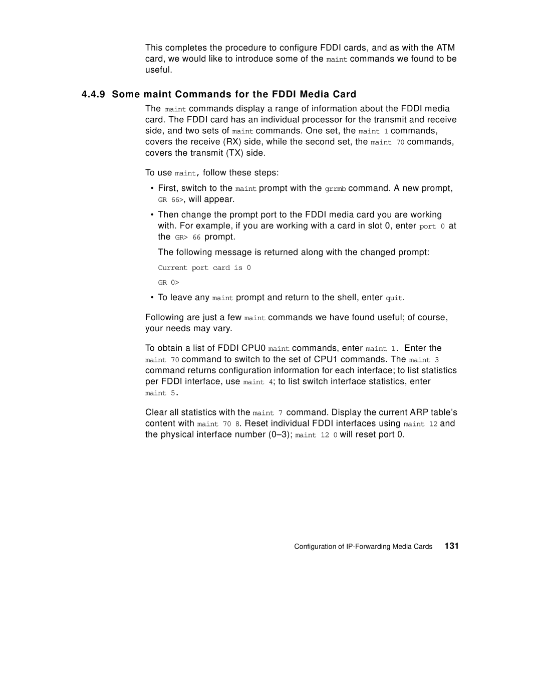 IBM 9077 manual Some maint Commands for the Fddi Media Card, 131 