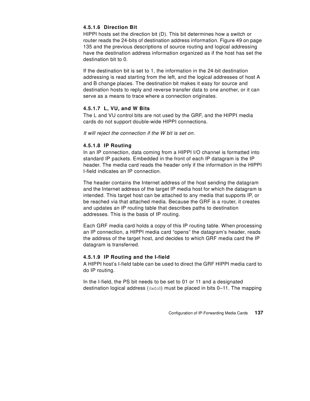 IBM 9077 manual Direction Bit, 1.7 L, VU, and W Bits, IP Routing and the I-field, 137 