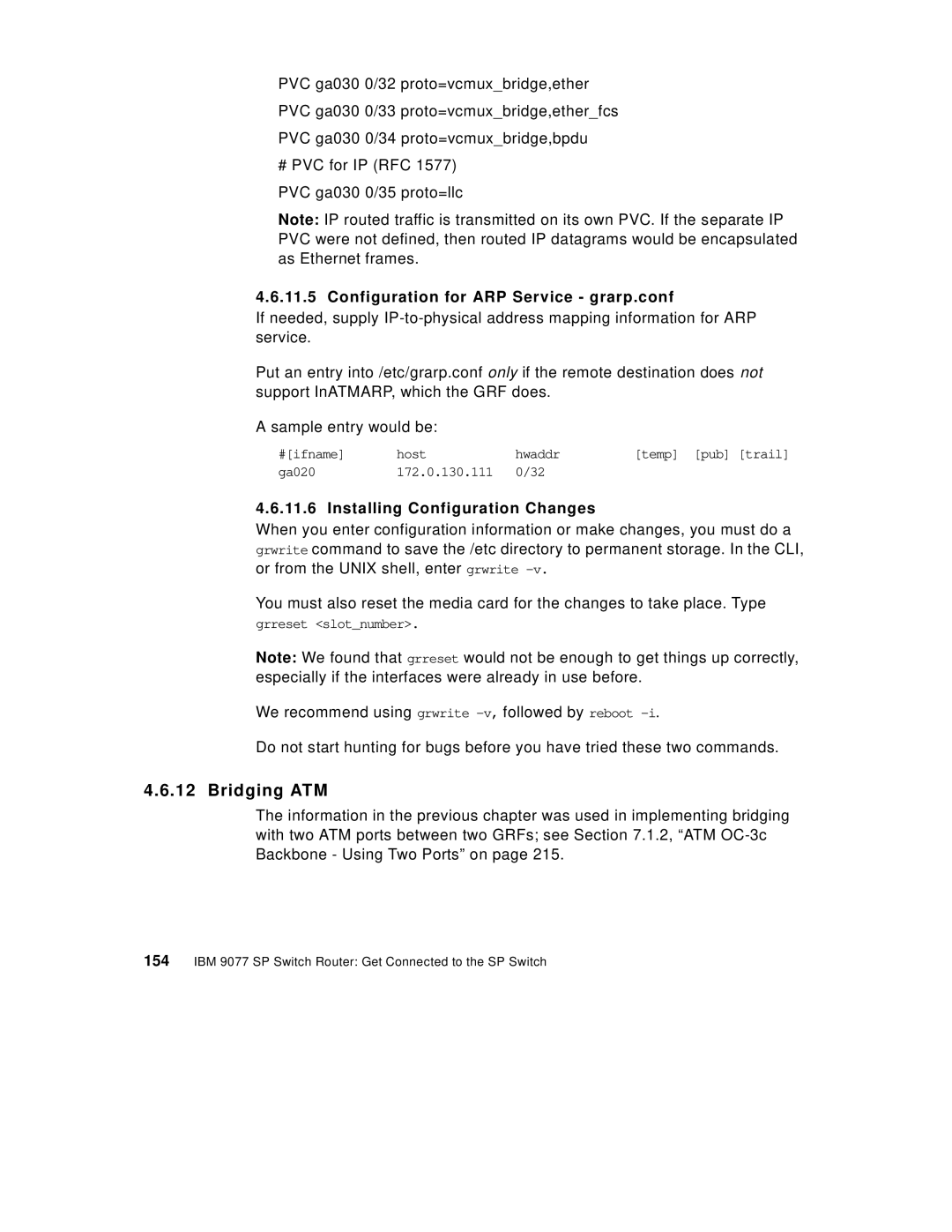 IBM 9077 manual Bridging ATM, Configuration for ARP Service grarp.conf, Installing Configuration Changes 