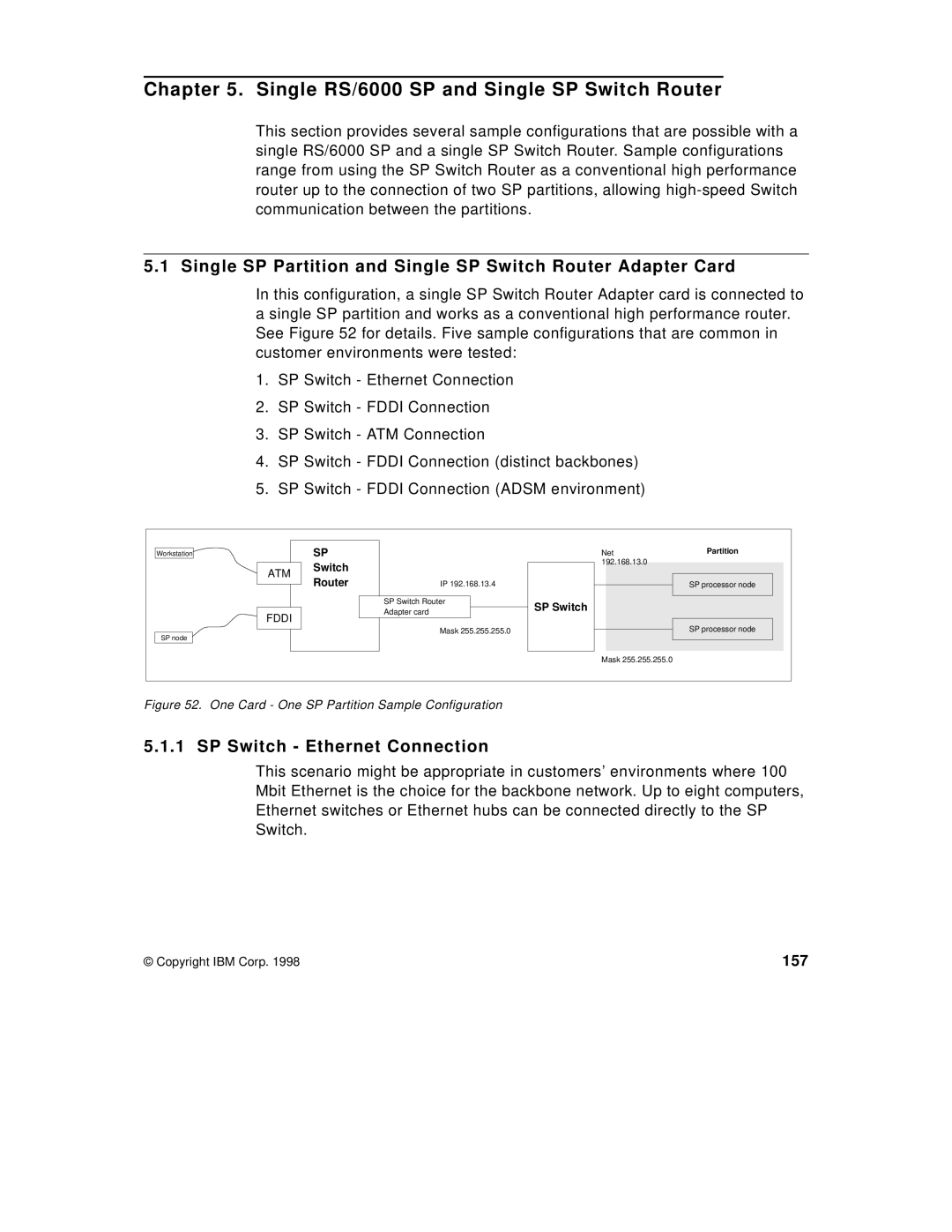 IBM 9077 manual Single RS/6000 SP and Single SP Switch Router, SP Switch Ethernet Connection, 157 