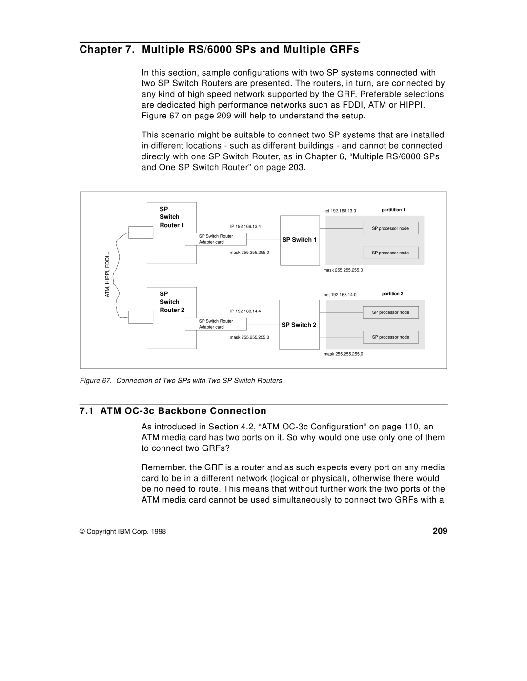 IBM 9077 manual Multiple RS/6000 SPs and Multiple GRFs, ATM OC-3c Backbone Connection, 209 