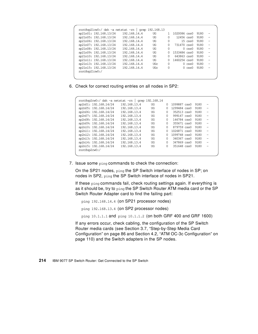 IBM 9077 manual Check for correct routing entries on all nodes in SP2 