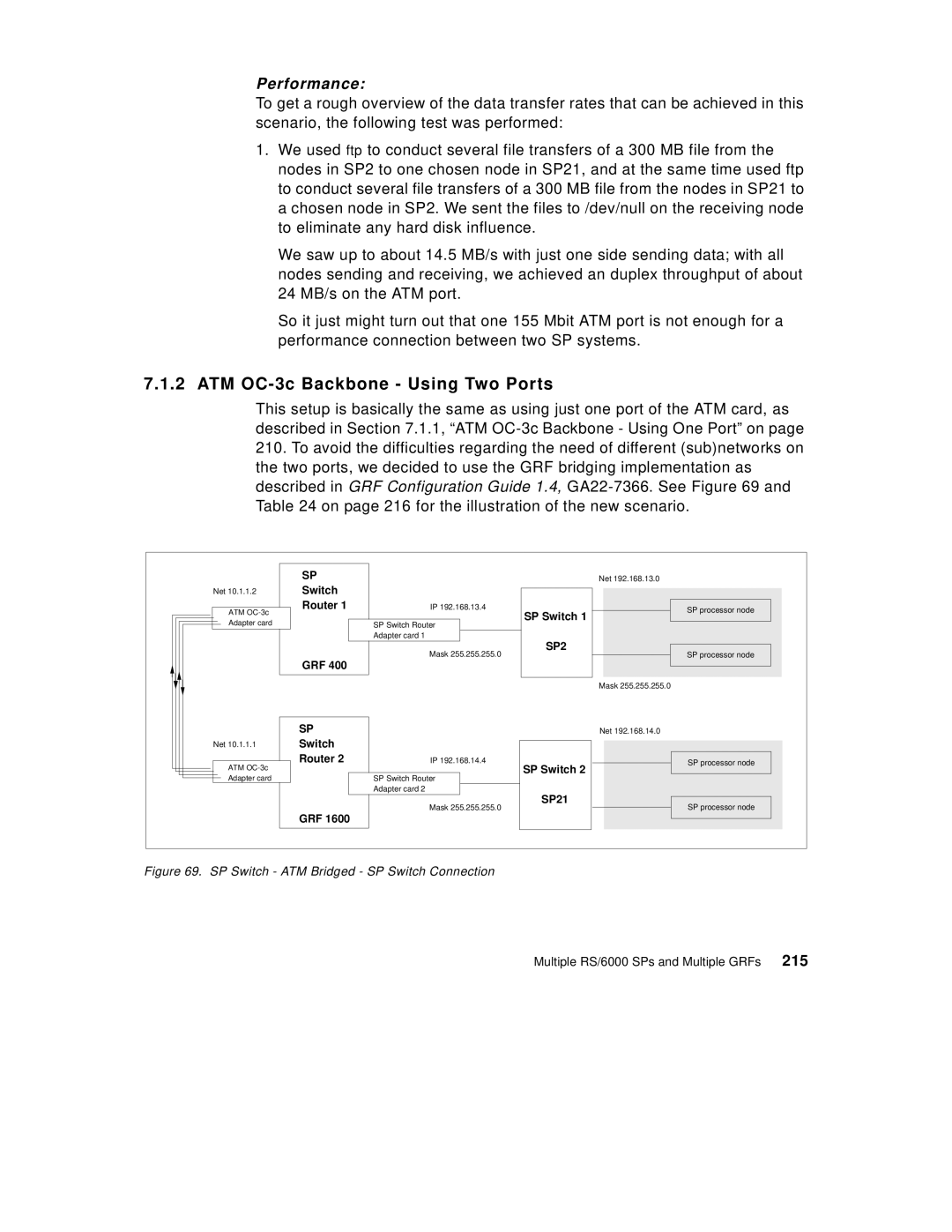 IBM 9077 manual ATM OC-3c Backbone Using Two Ports, SP Switch ATM Bridged SP Switch Connection 