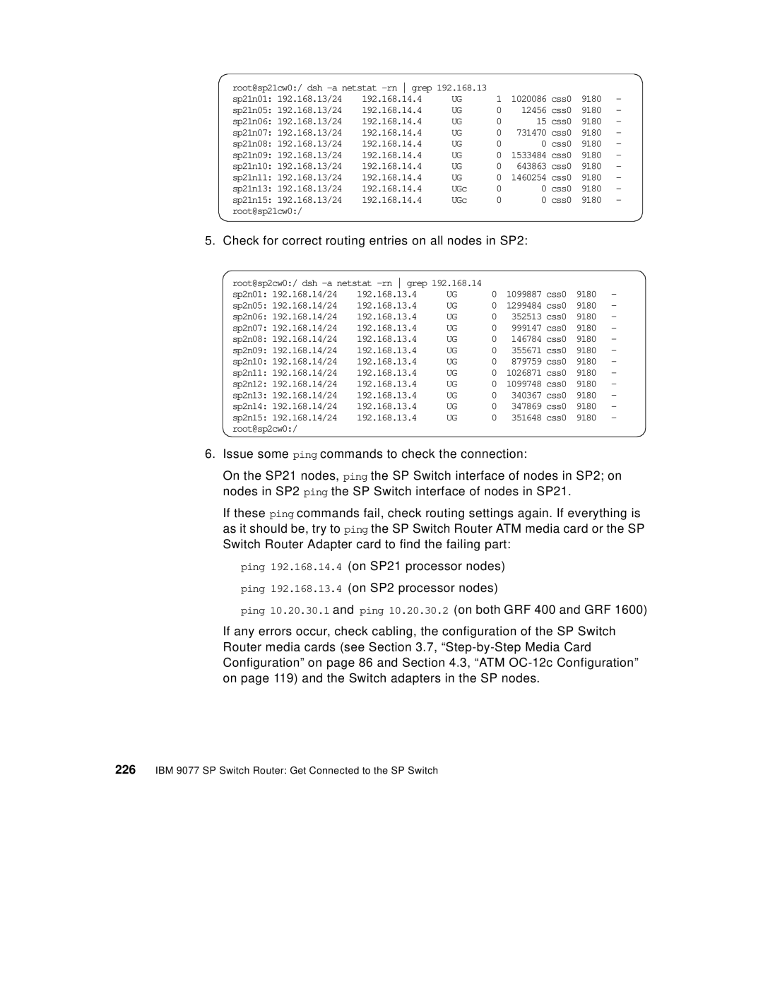 IBM 9077 manual Check for correct routing entries on all nodes in SP2 