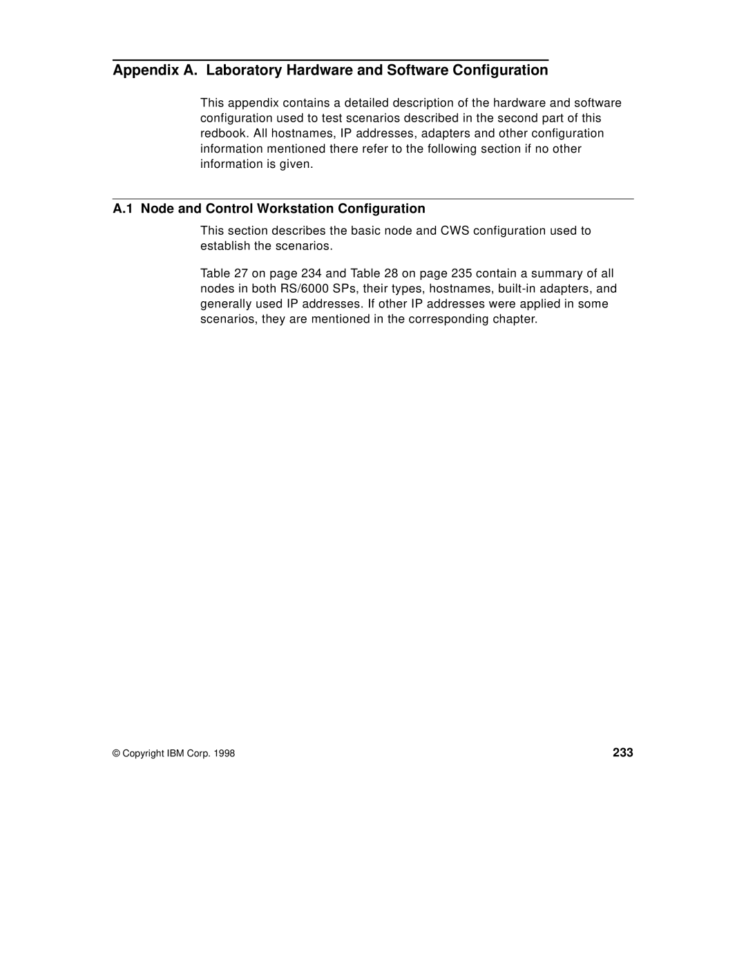 IBM 9077 manual Appendix A. Laboratory Hardware and Software Configuration, Node and Control Workstation Configuration, 233 