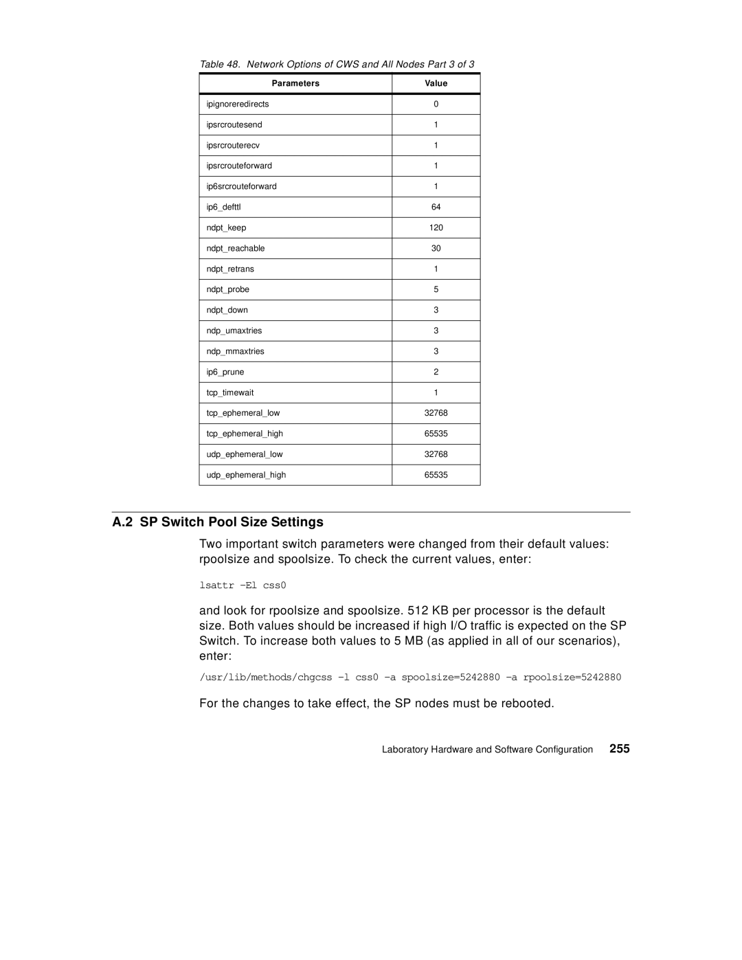 IBM 9077 manual SP Switch Pool Size Settings, 255, Network Options of CWS and All Nodes Part 3 