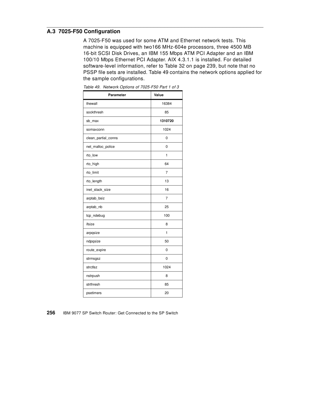 IBM 9077 manual 7025-F50 Configuration, Network Options of 7025-F50 Part 1 