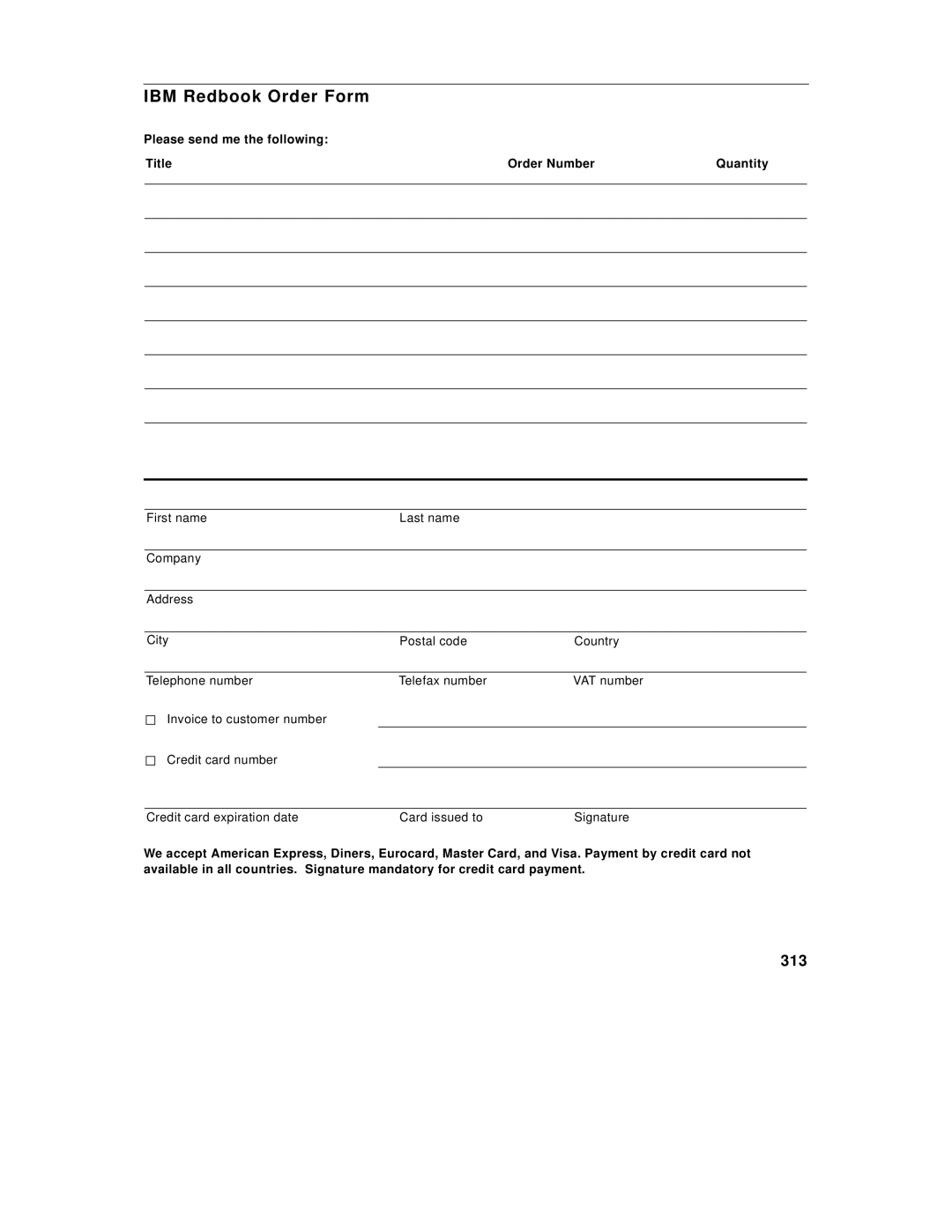 IBM 9077 manual IBM Redbook Order Form, 313 