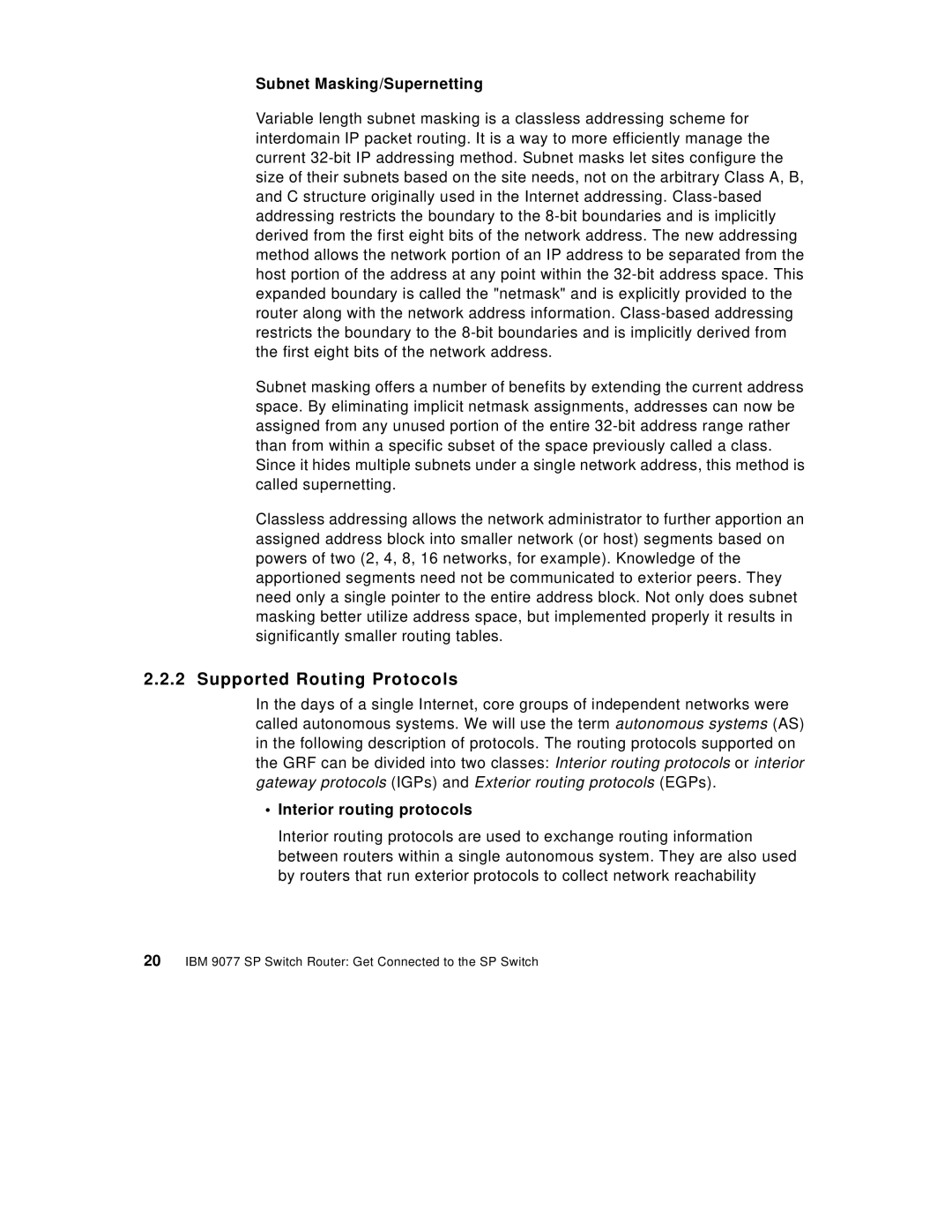 IBM 9077 manual Supported Routing Protocols, Subnet Masking/Supernetting, Interior routing protocols 