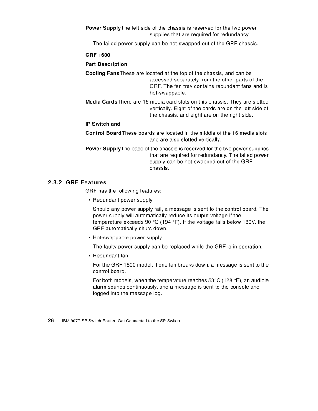 IBM 9077 manual GRF Features, GRF Part Description, IP Switch 