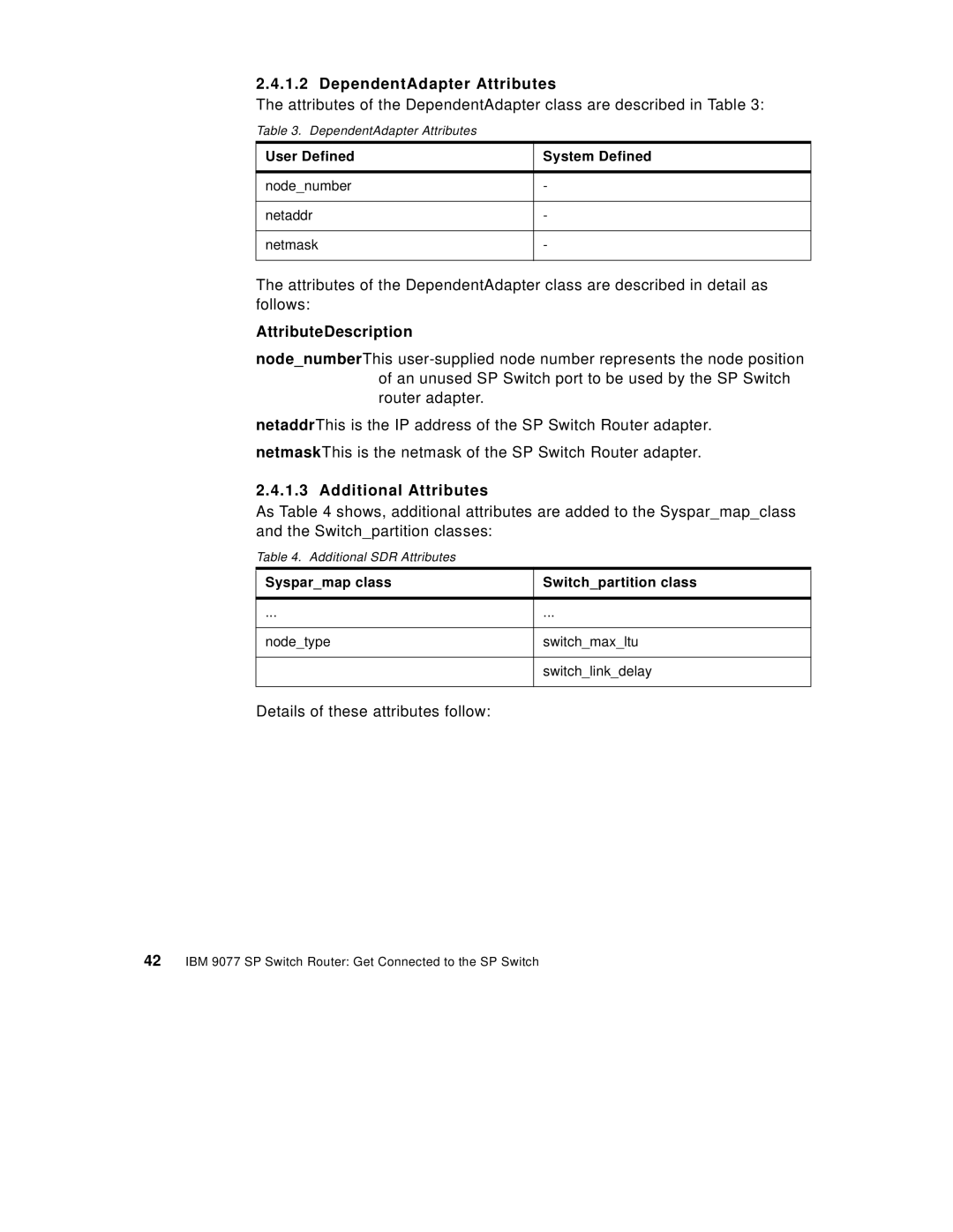 IBM 9077 manual DependentAdapter Attributes, Additional Attributes, Additional SDR Attributes 