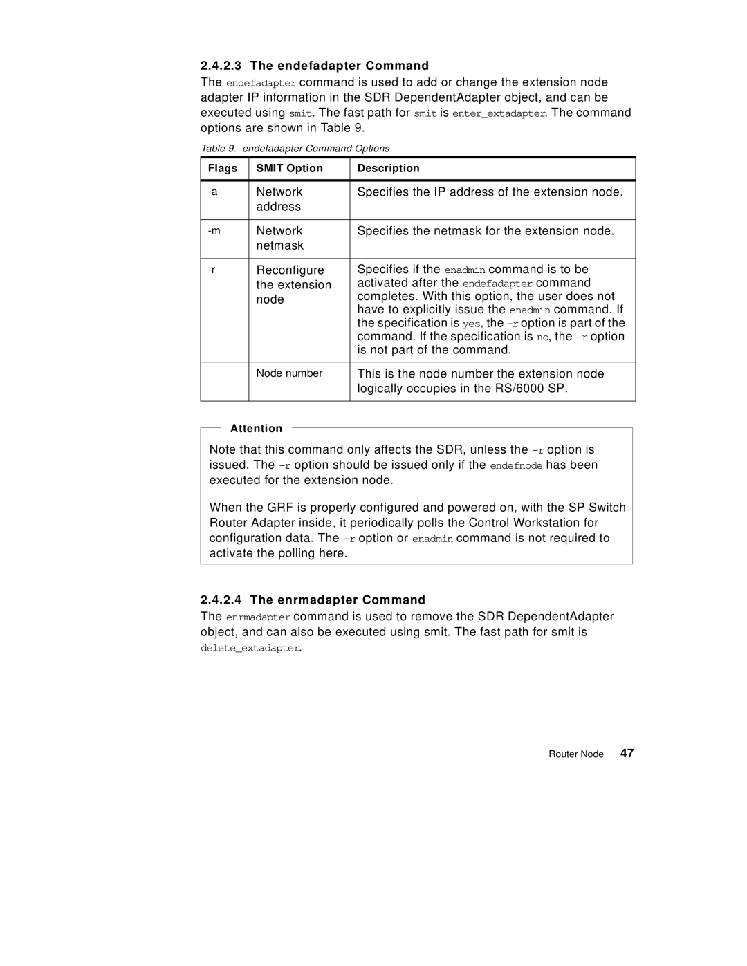 IBM 9077 manual Enrmadapter Command, Endefadapter Command Options 