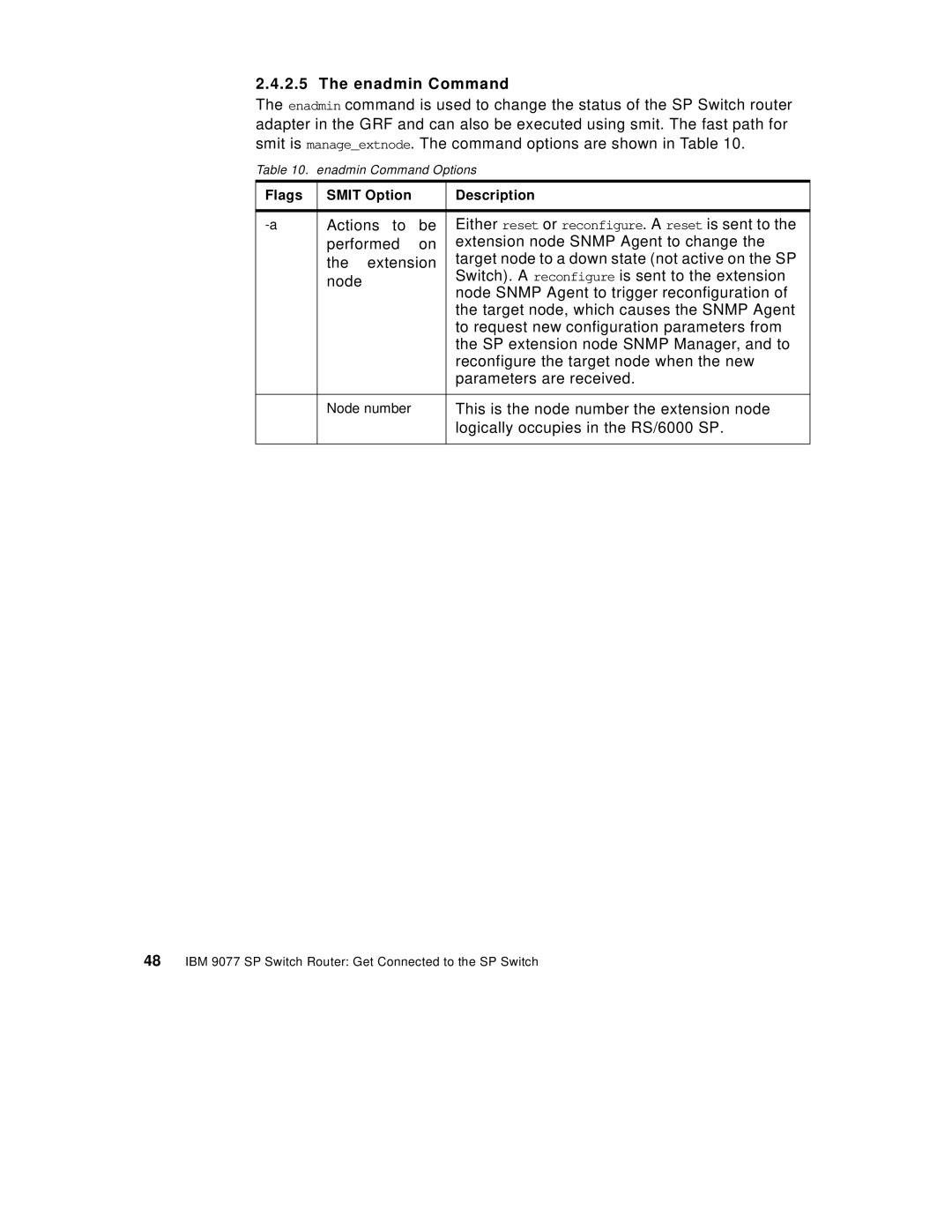 IBM 9077 manual Enadmin Command Options 