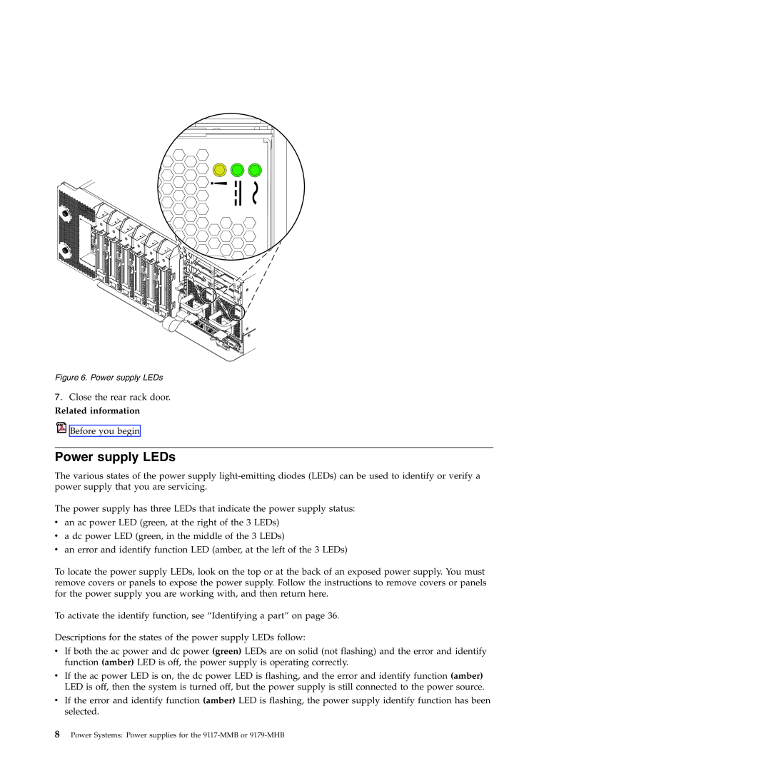 IBM 9179-MHB, 9117-MMB manual Power supply LEDs, Related information 