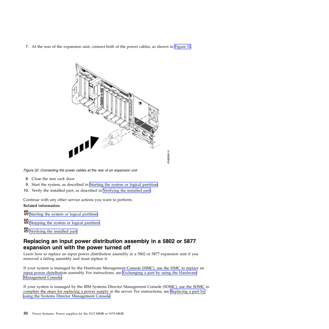 IBM 9179-MHB, 9117-MMB manual Connecting the power cables at the rear of an expansion unit 