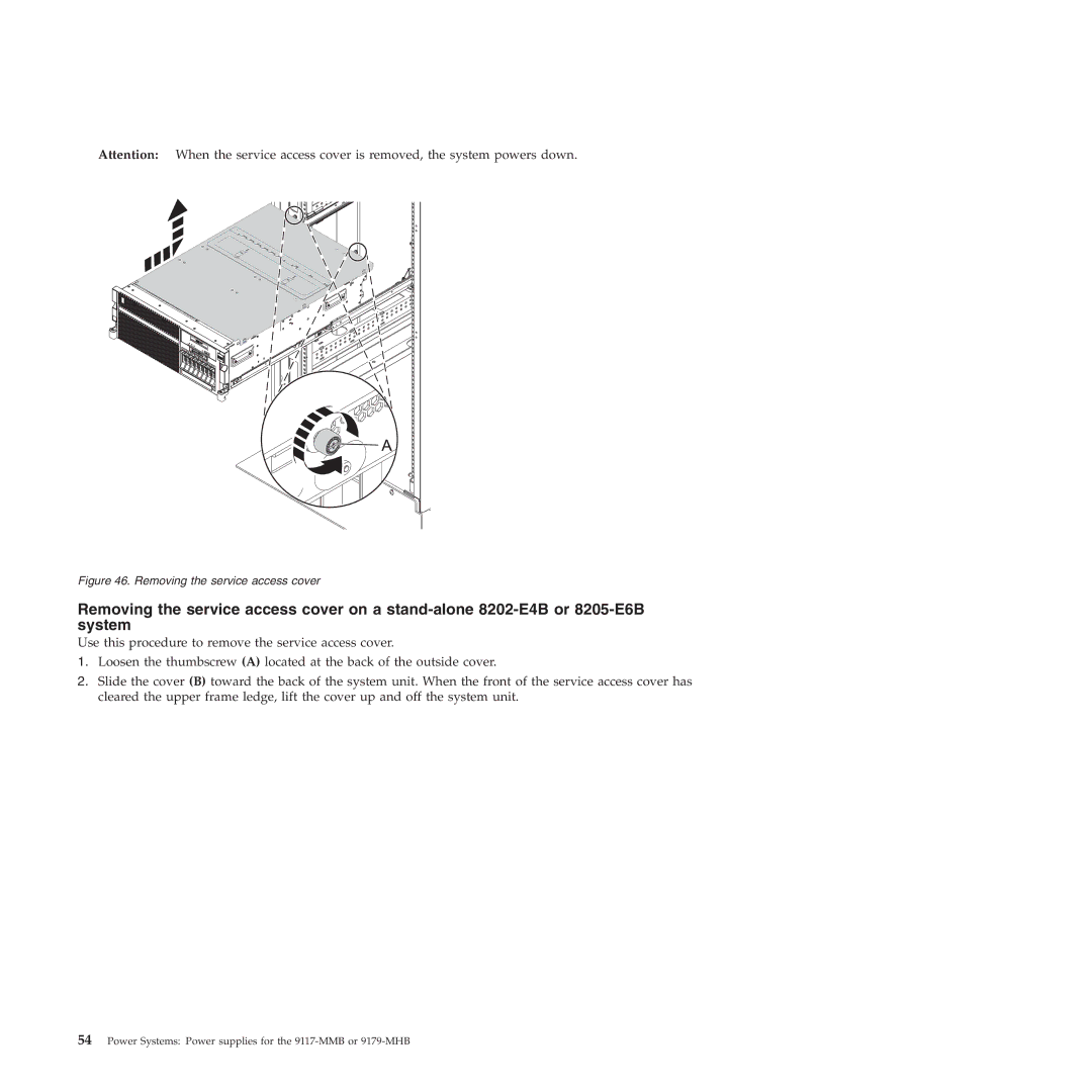 IBM 9179-MHB, 9117-MMB manual Removing the service access cover 