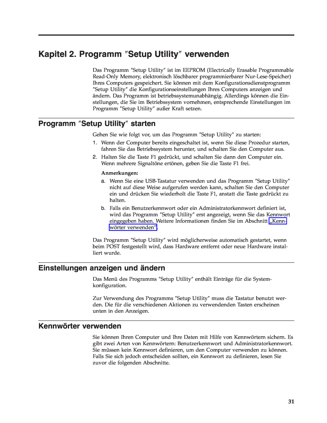 IBM 9213, 9212 manual Kapitel 2. Programm ″Setup Utility″ verwenden, Programm ″Setup Utility″ starten, Kennwörter verwenden 