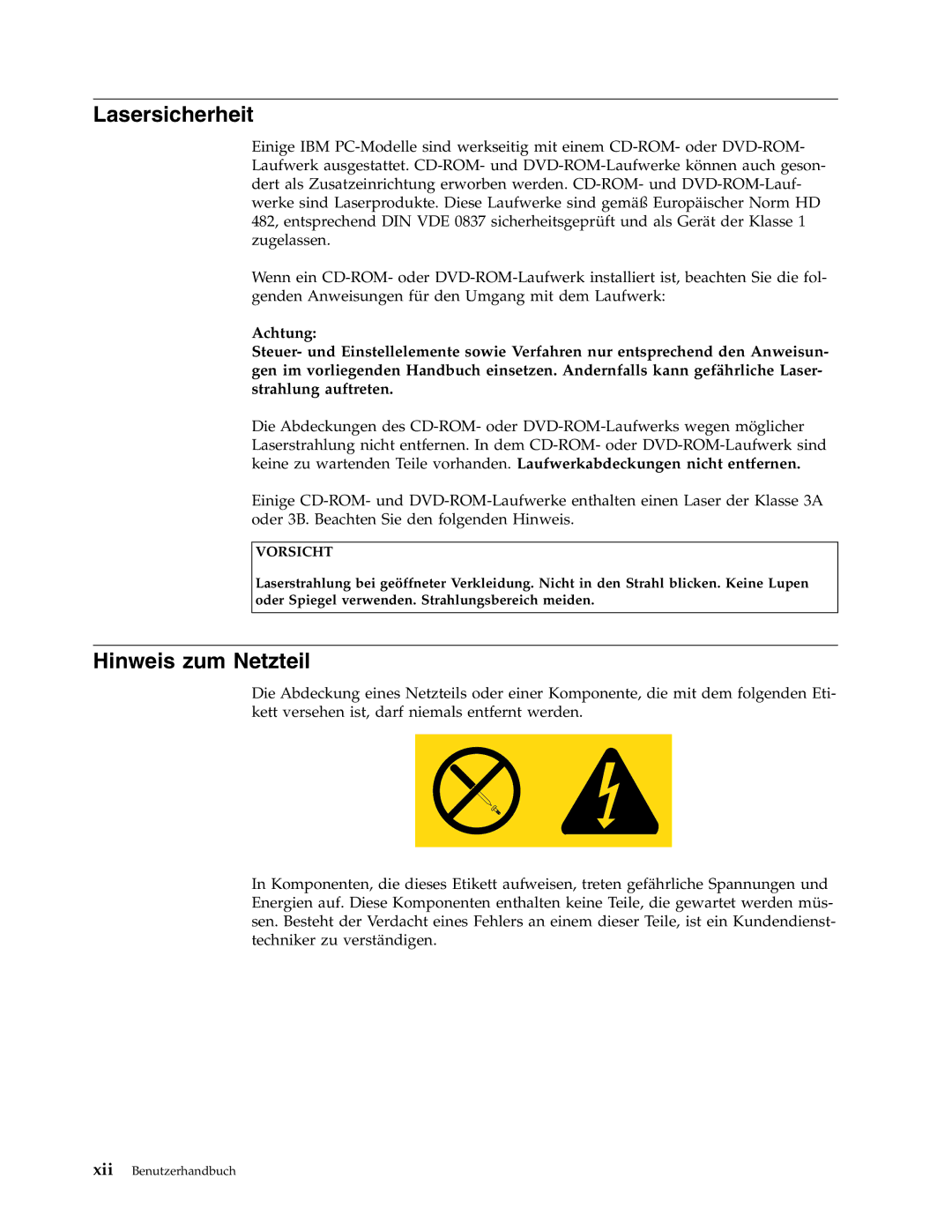 IBM 9212, 9213 manual Lasersicherheit, Hinweis zum Netzteil 