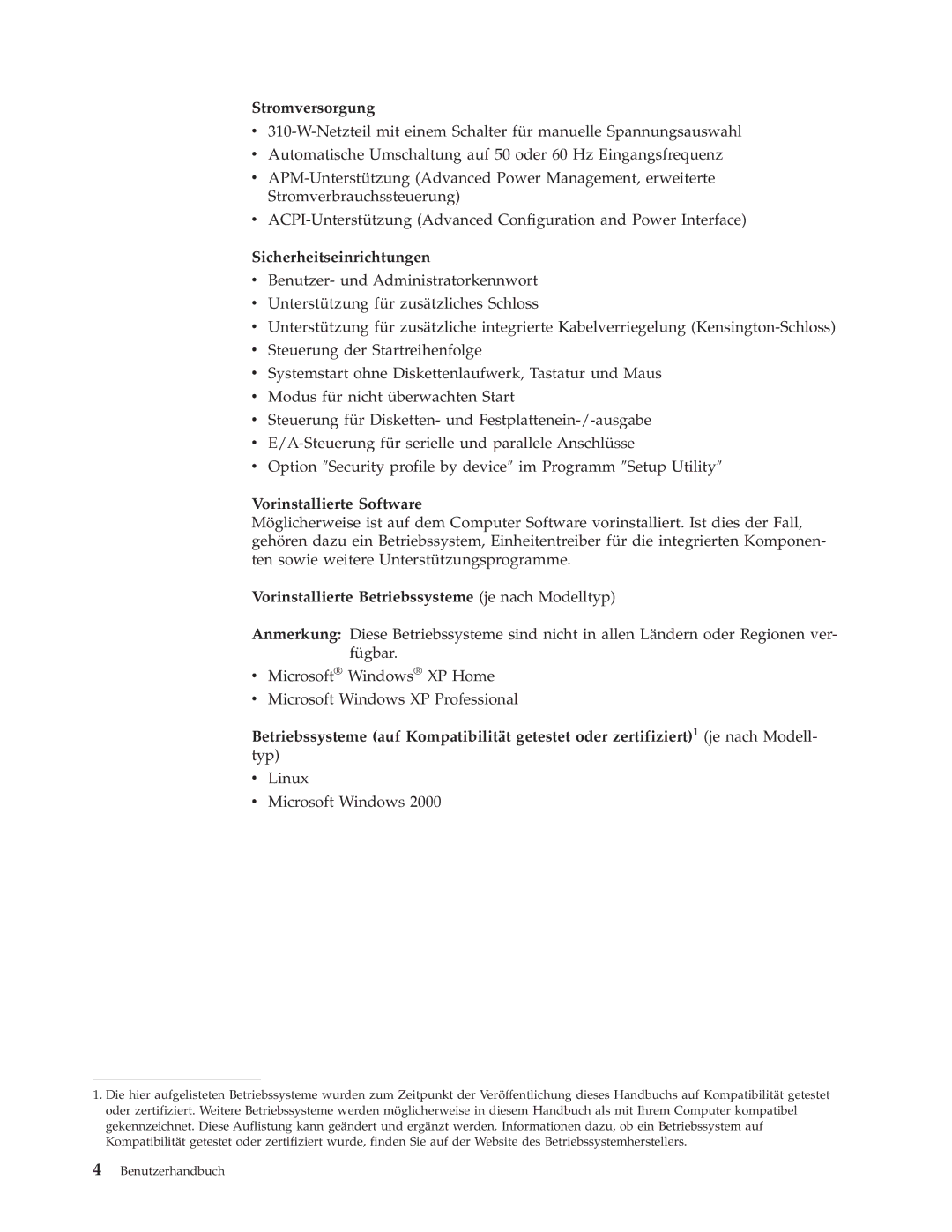 IBM 9212, 9213 manual Stromversorgung, Sicherheitseinrichtungen, Vorinstallierte Software 