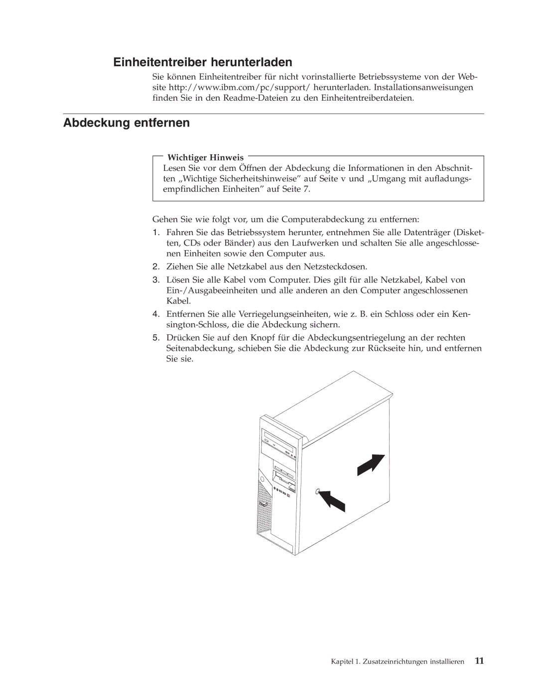 IBM 9213, 9212 manual Einheitentreiber herunterladen Abdeckung entfernen, Wichtiger Hinweis 