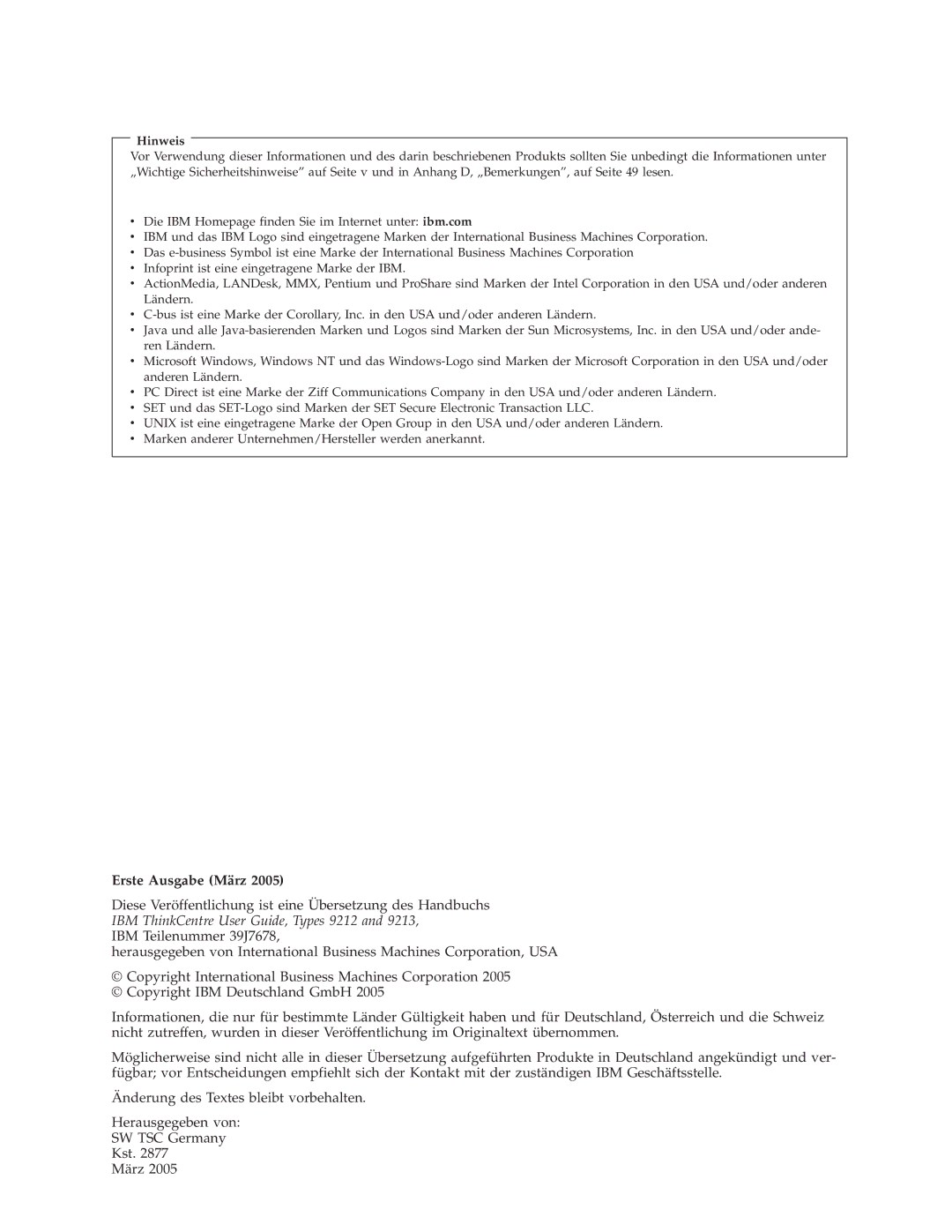 IBM 9212, 9213 manual Erste Ausgabe März, Hinweis 